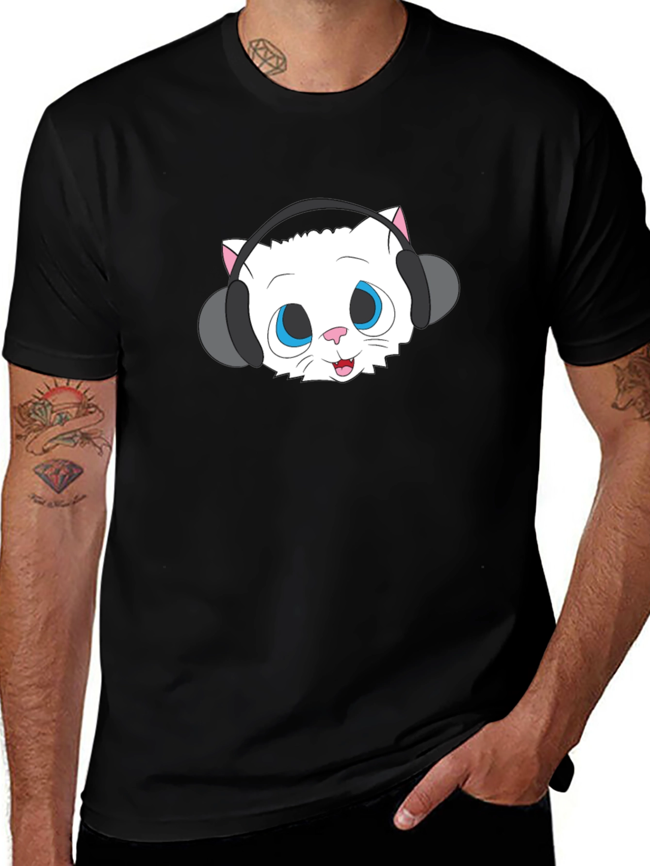 Variant 15 of Cute Cat with Headphones Black T-Shirt