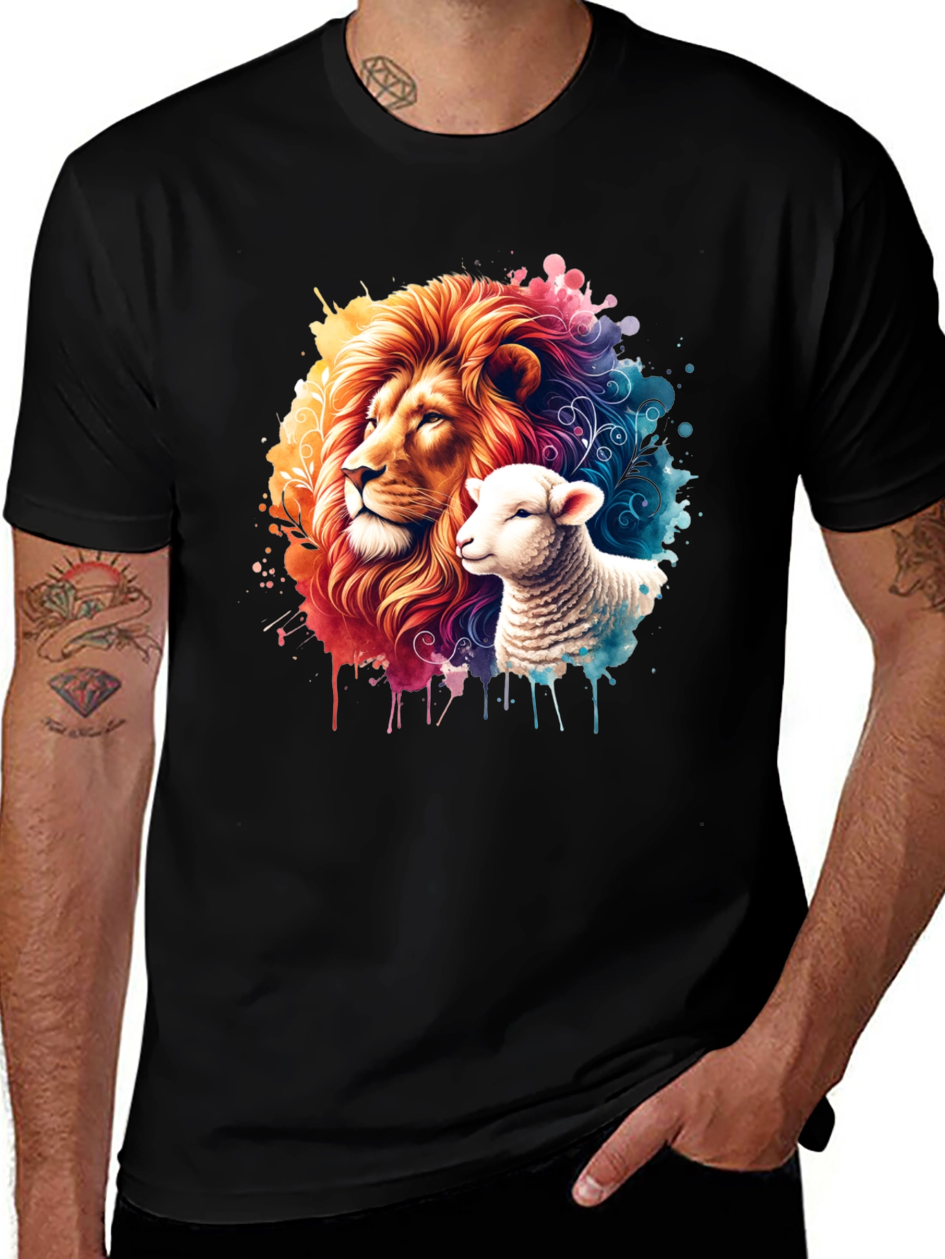Lion and Lamb Graphic T-Shirt - Watercolor Design