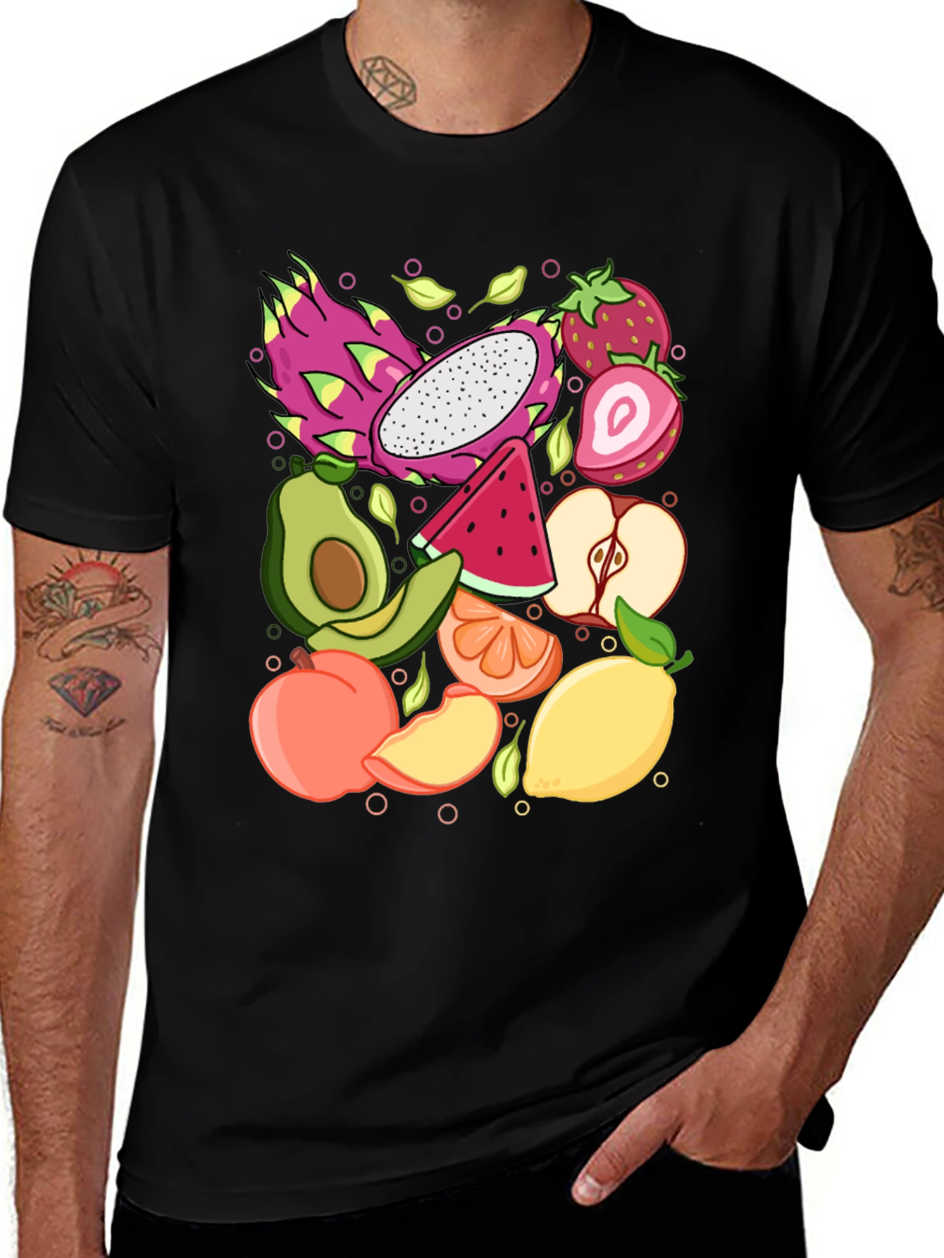 Fruit Pattern Graphic Tee - Unisex Black T-Shirt