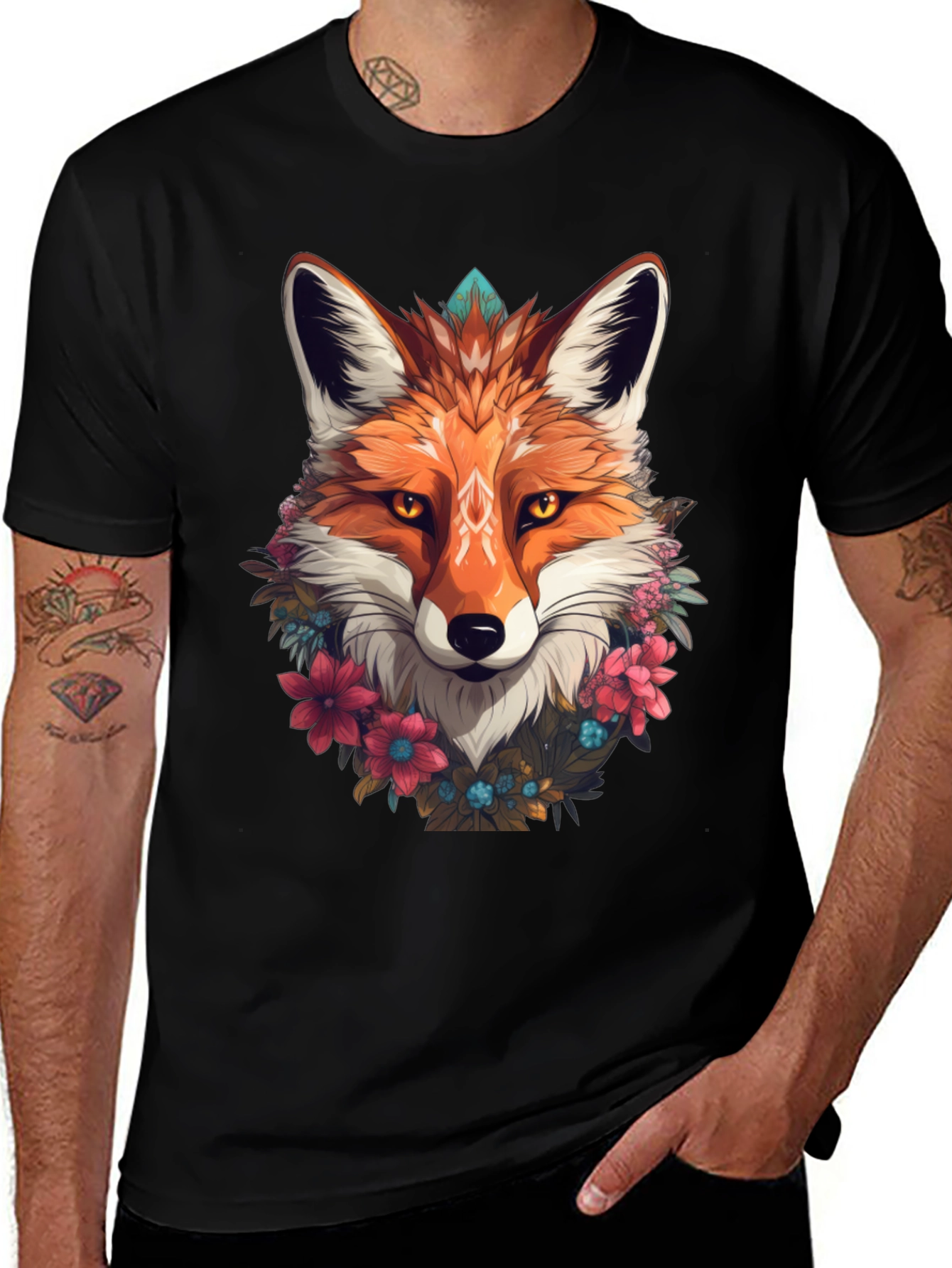 Variant 15 of Floral Fox Graphic Tee - Stylish Animal Print T-Shirt