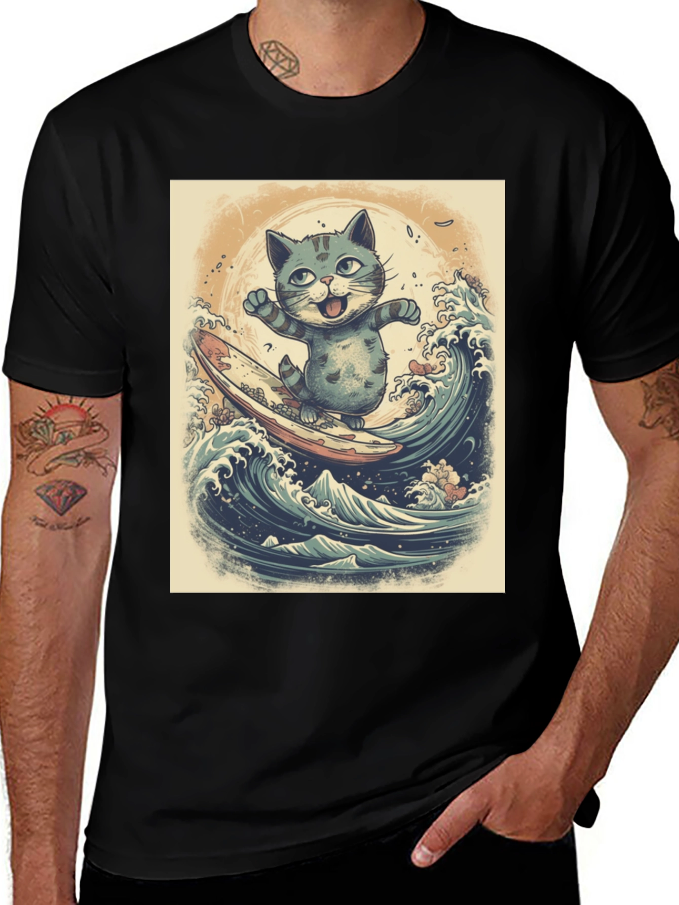 Variant 18 of Cat Surfing Graphic Tee - Black Cotton Blend