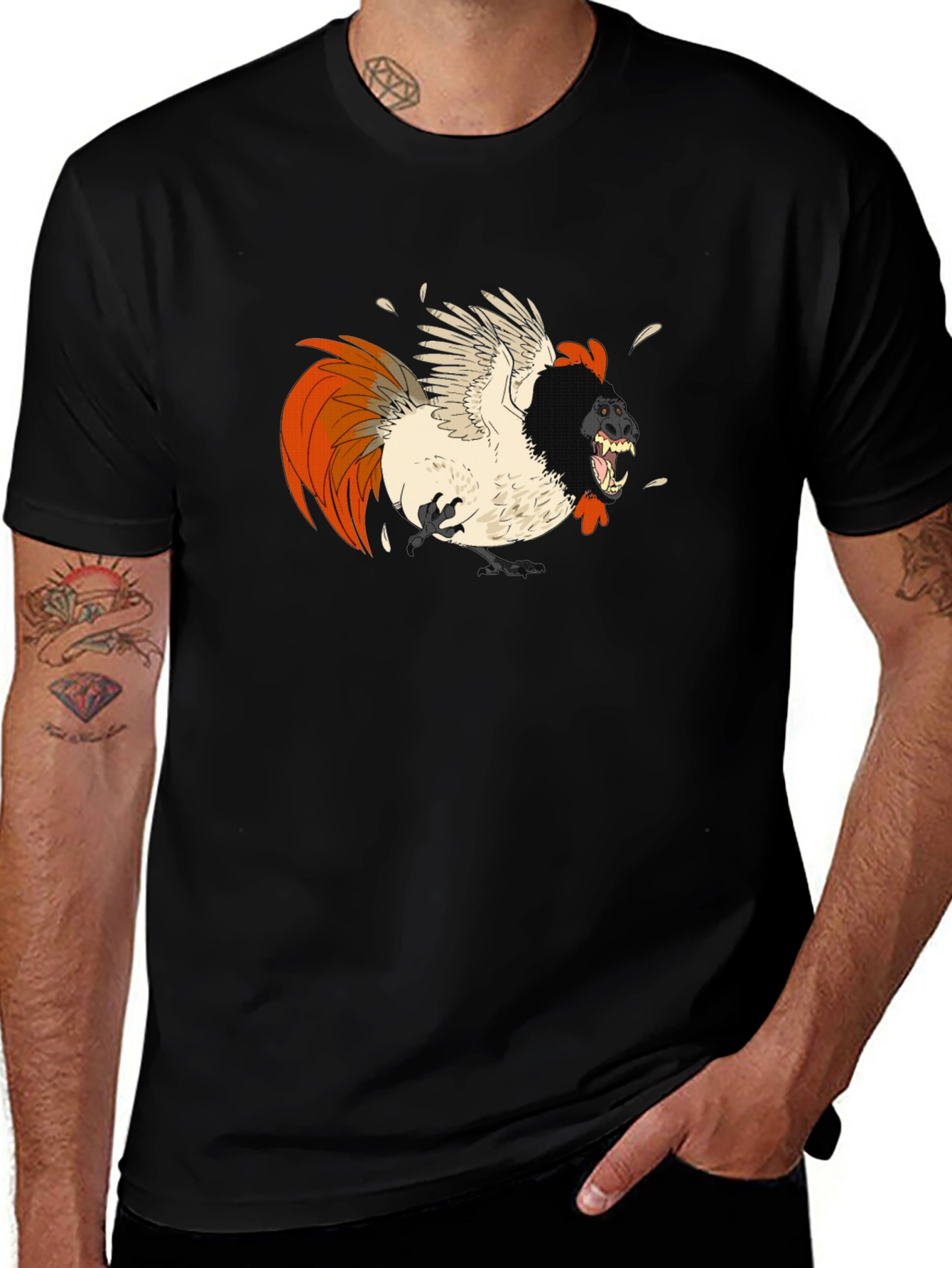 Variant 20 of Men's Black T-Shirt with Chicken-Gorilla Hybrid Graphic