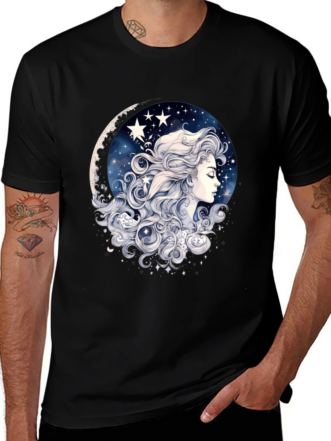 Variant 12 of Celestial Dreamer Graphic Tee - Black Cotton Comfort