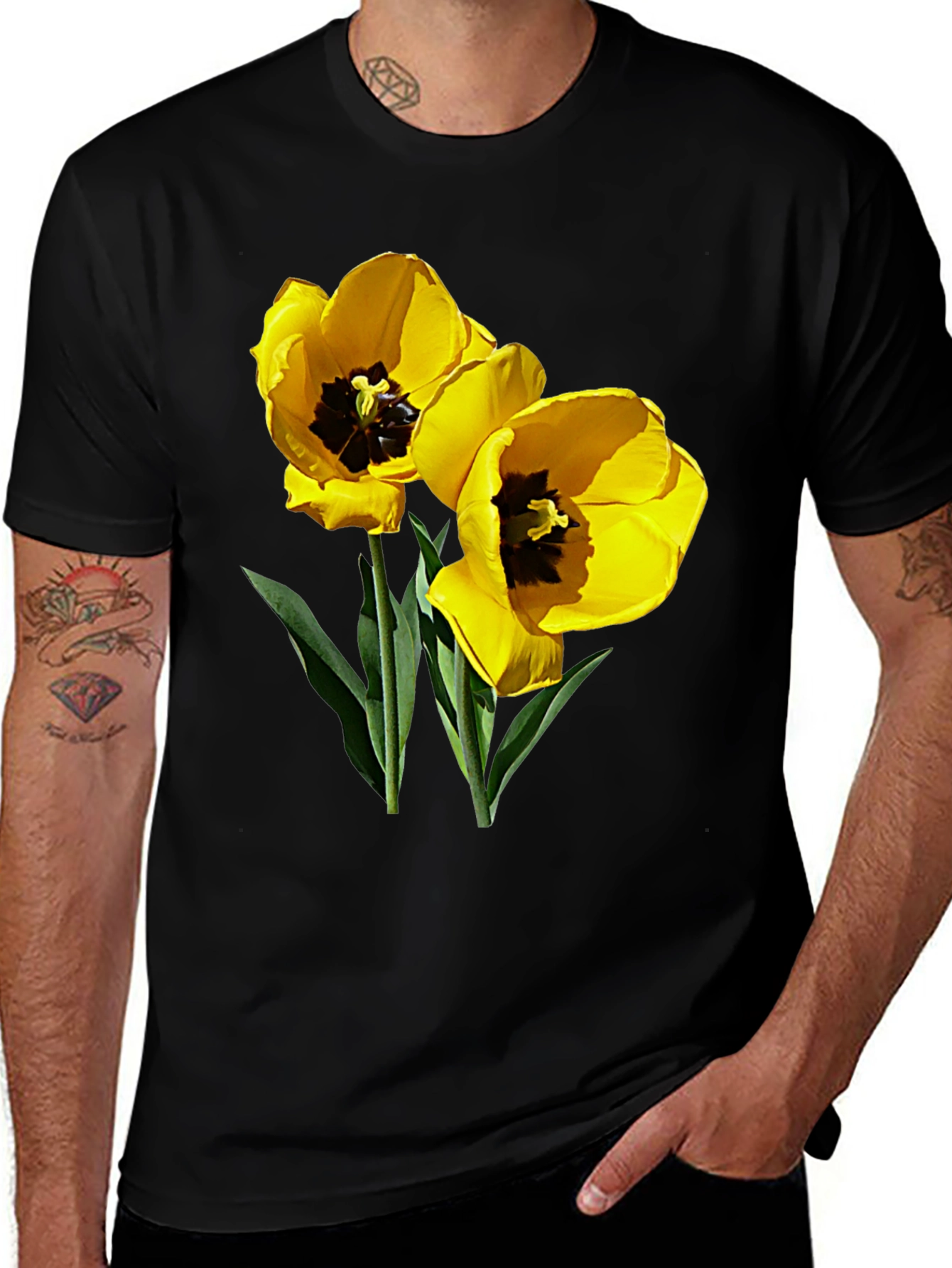 Variant 27 of Floral Print T-Shirt with Yellow Tulip Design