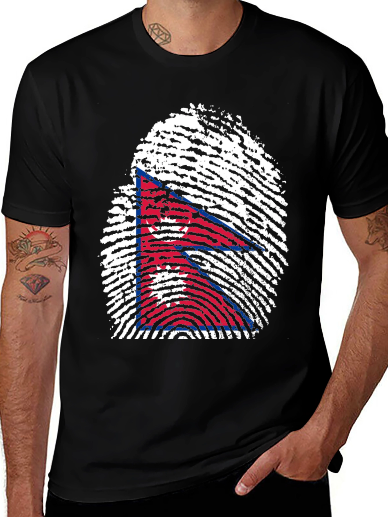 Variant 17 of Nepal Flag Fingerprint T-Shirt - Black Graphic Tee