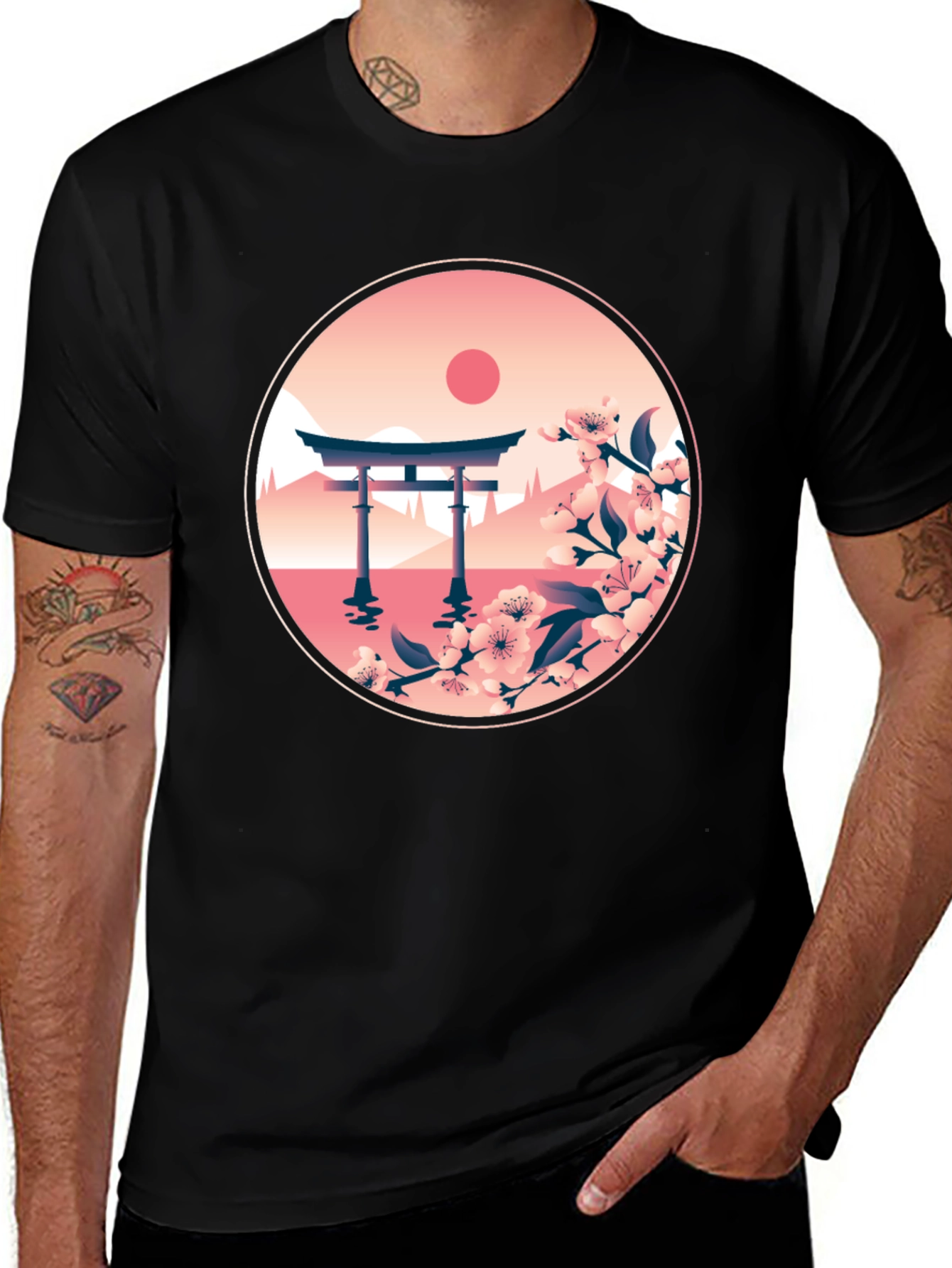 Variant 15 of Japanese Art Black T-Shirt - Torii Gate & Cherry Blossoms