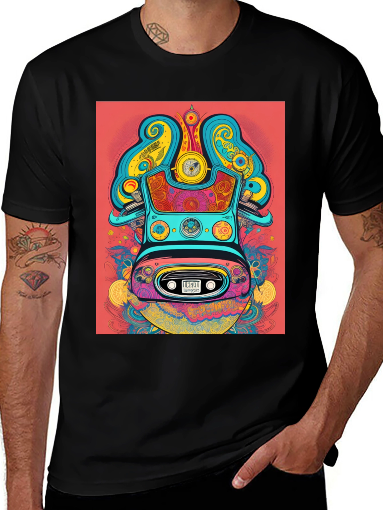 Retro Art T-Shirt: Unique Car Design, Bold Colors