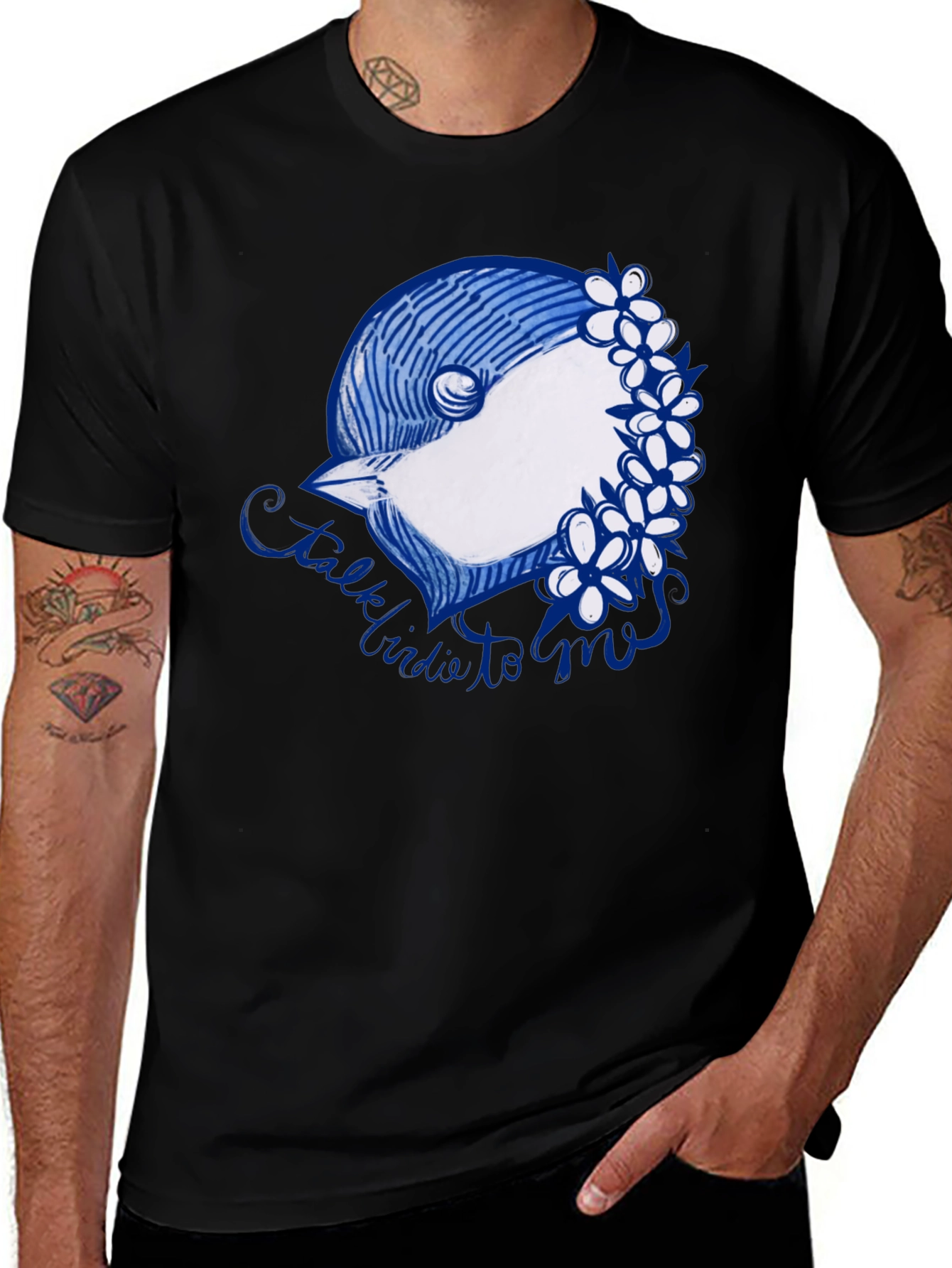 Variant 15 of Black T-Shirt with Bird & Flowers Graphic