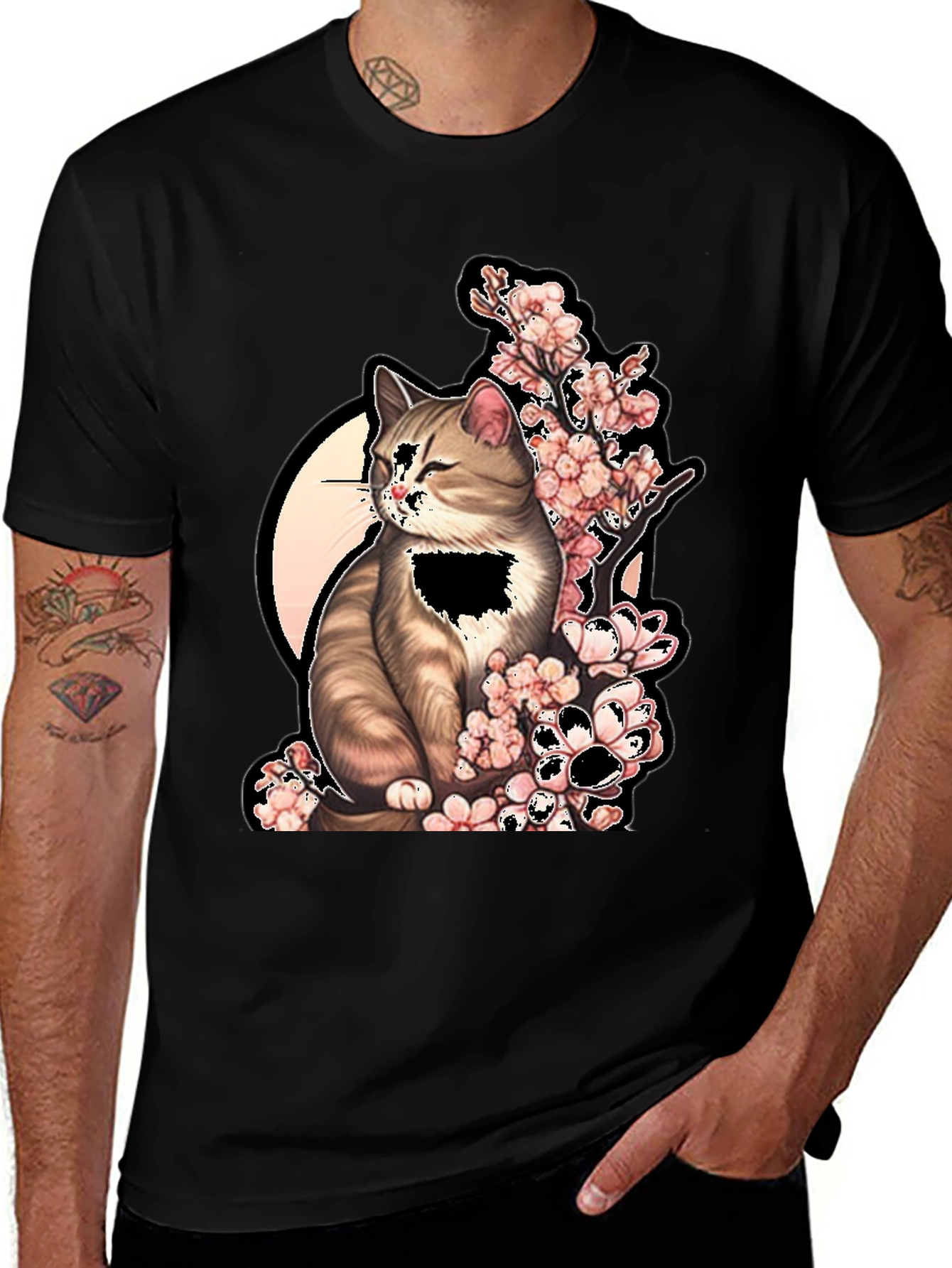 Variant 2 of Cat & Cherry Blossom Graphic Tee - Stylish Black T-Shirt