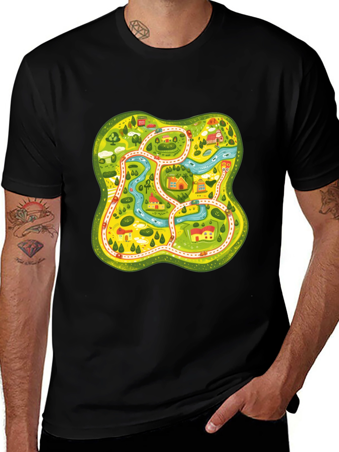 Variant 28 of Fun Map Graphic Tee - Black Cotton T-Shirt