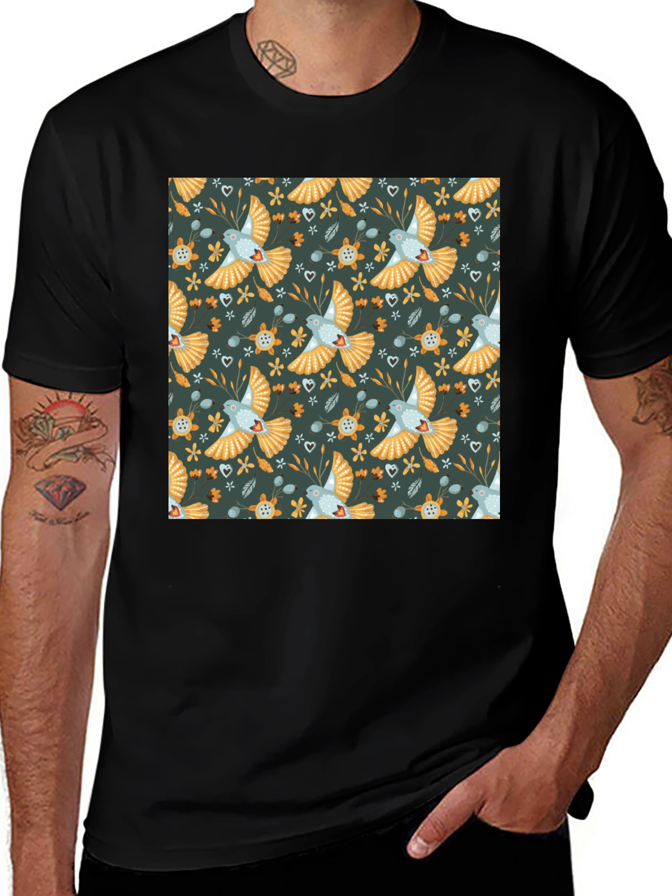 Variant 26 of Patterned Bird Graphic Tee - Black Crew Neck