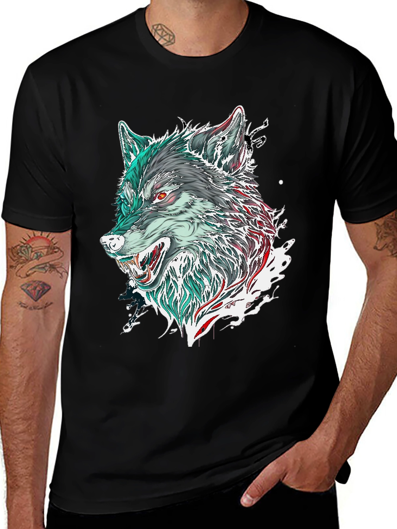 Black Wolf Graphic Print Black T-Shirt main image
