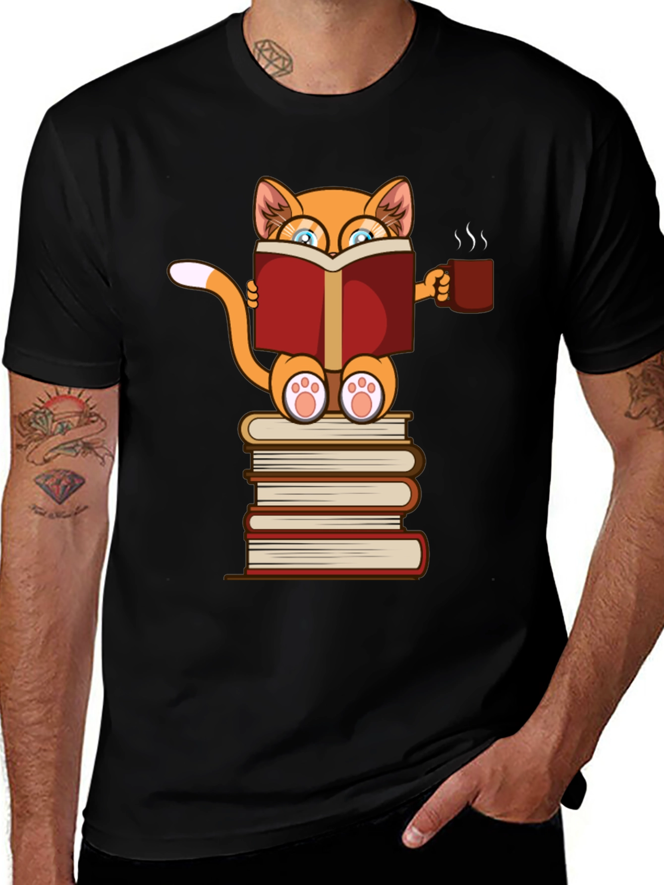 Variant 29 of Bookish Cat T-Shirt - Coffee & Reading Design