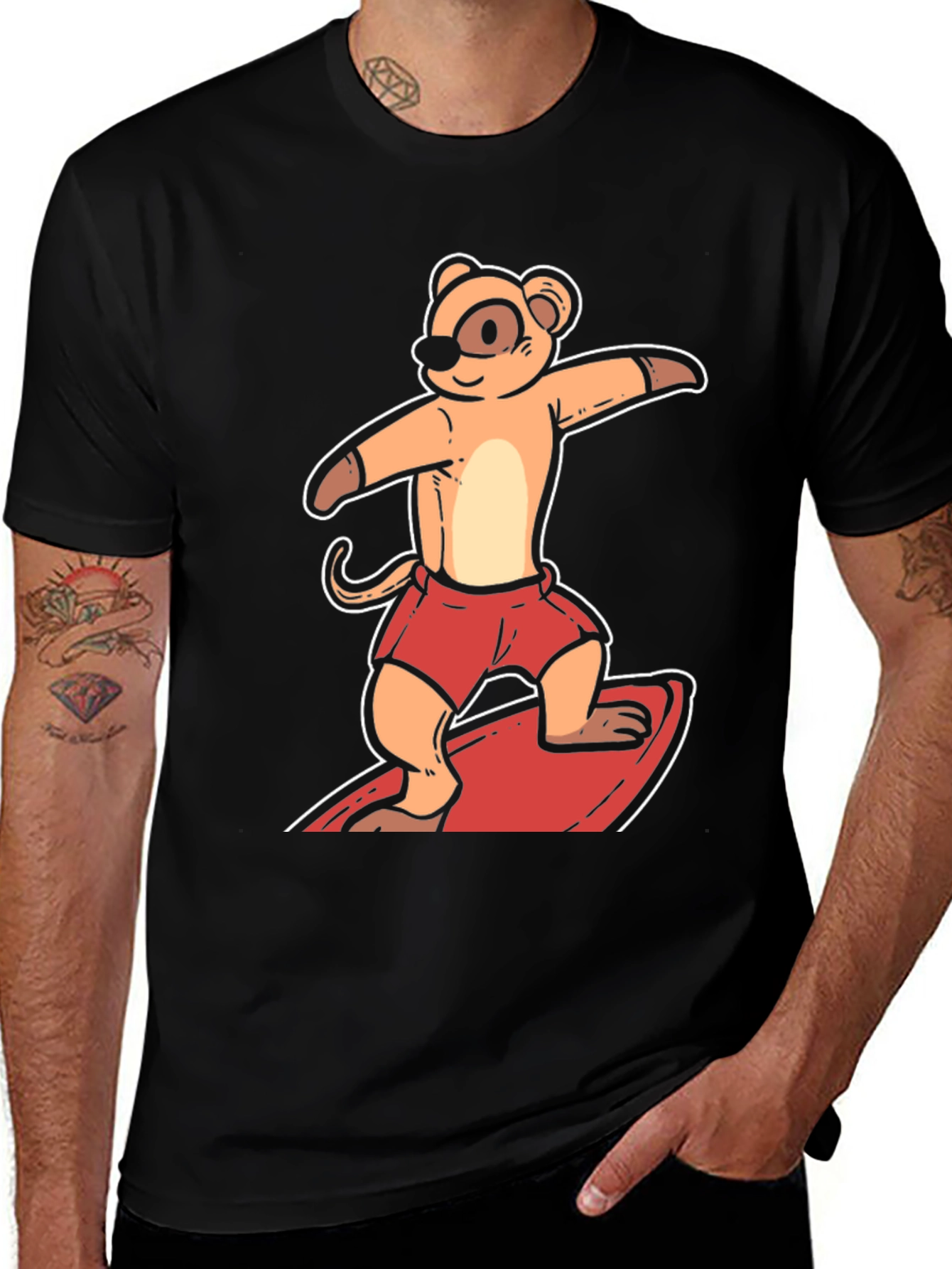 Variant 30 of Surfing Meerkat Graphic Tee - Black T-Shirt