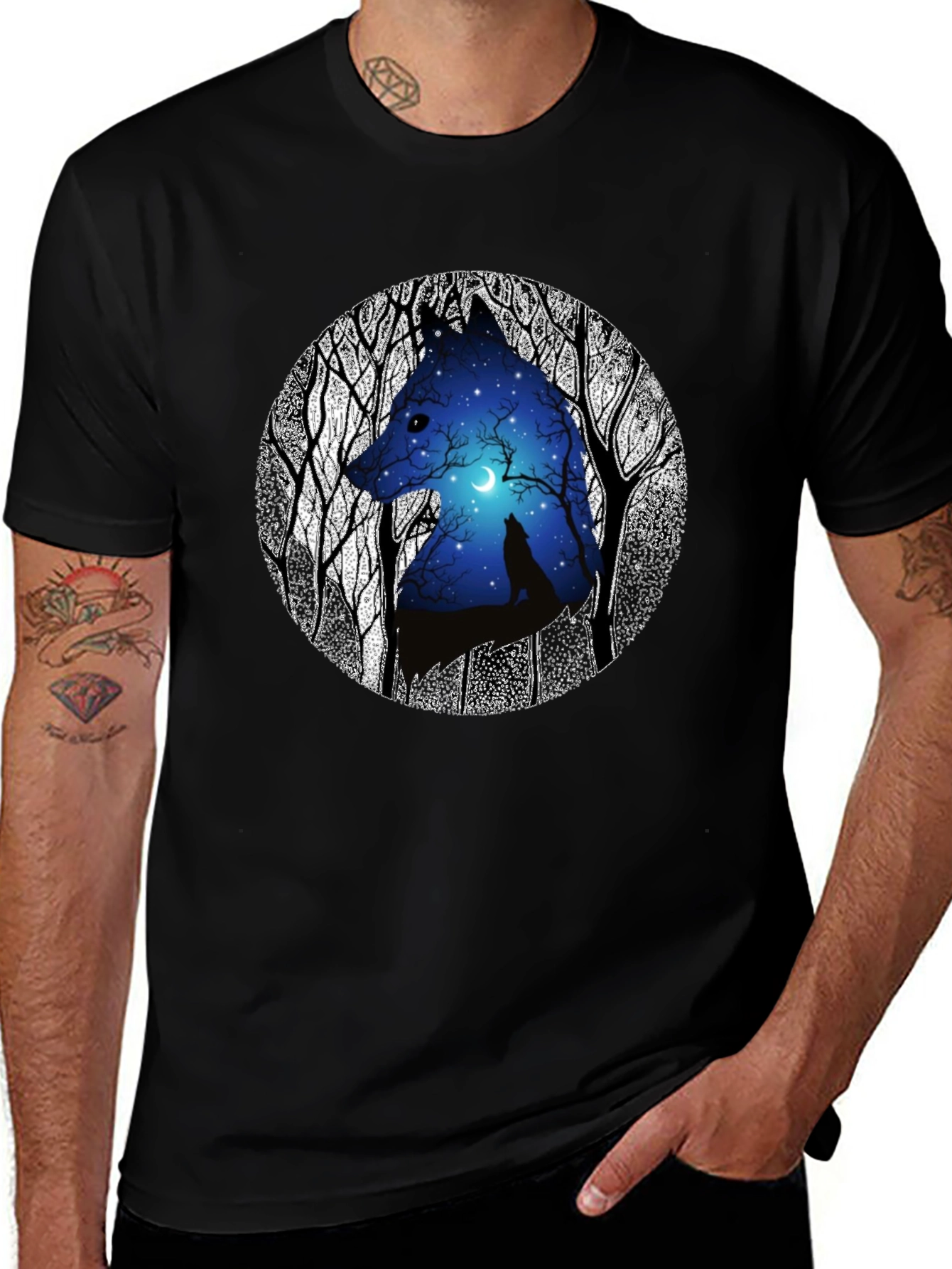 Variant 11 of Wolf Moon Graphic T-Shirt - Black Crew Neck