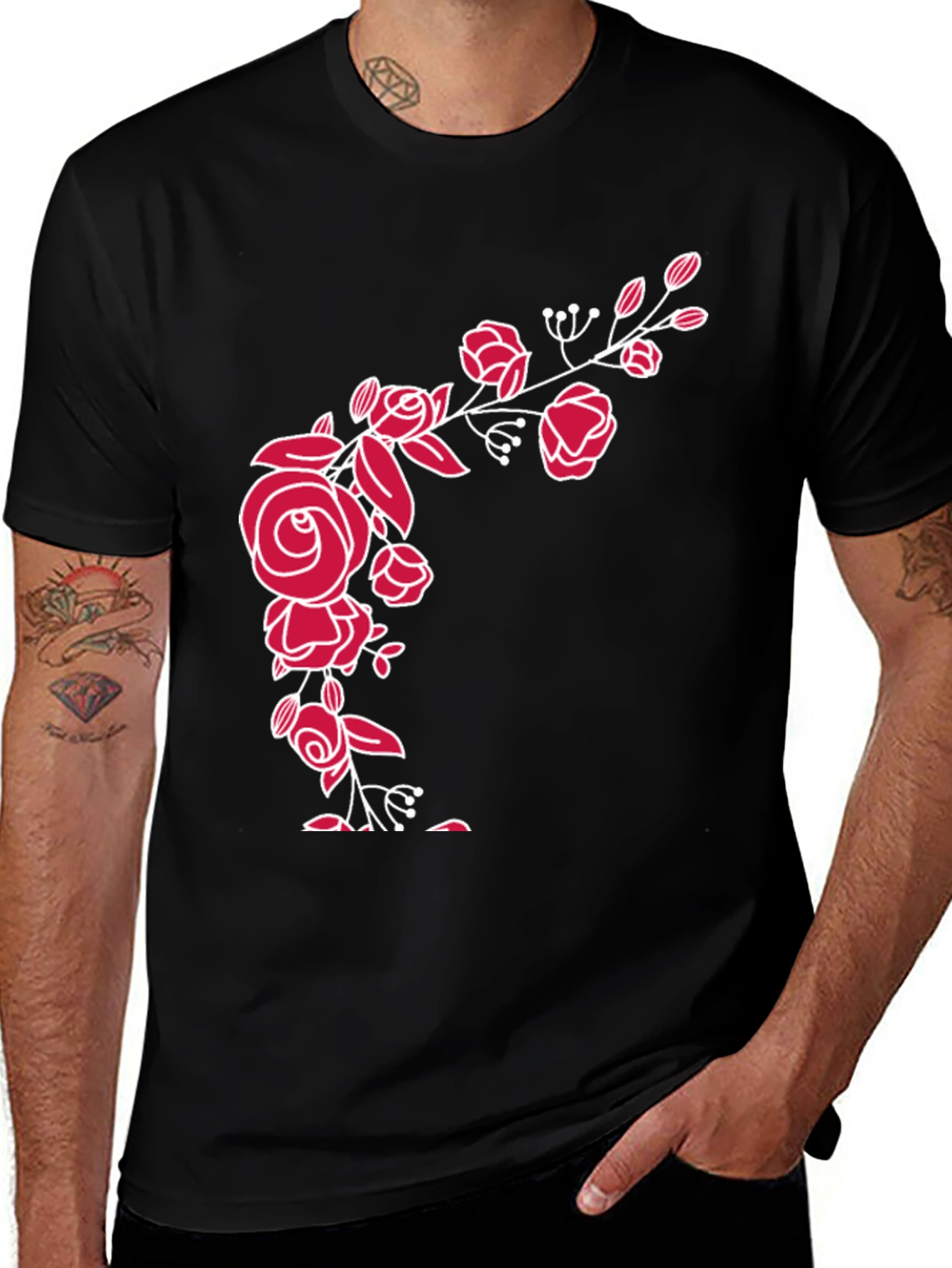 Variant 27 of Elegant Floral Rose Graphic Tee - Black Cotton Blend