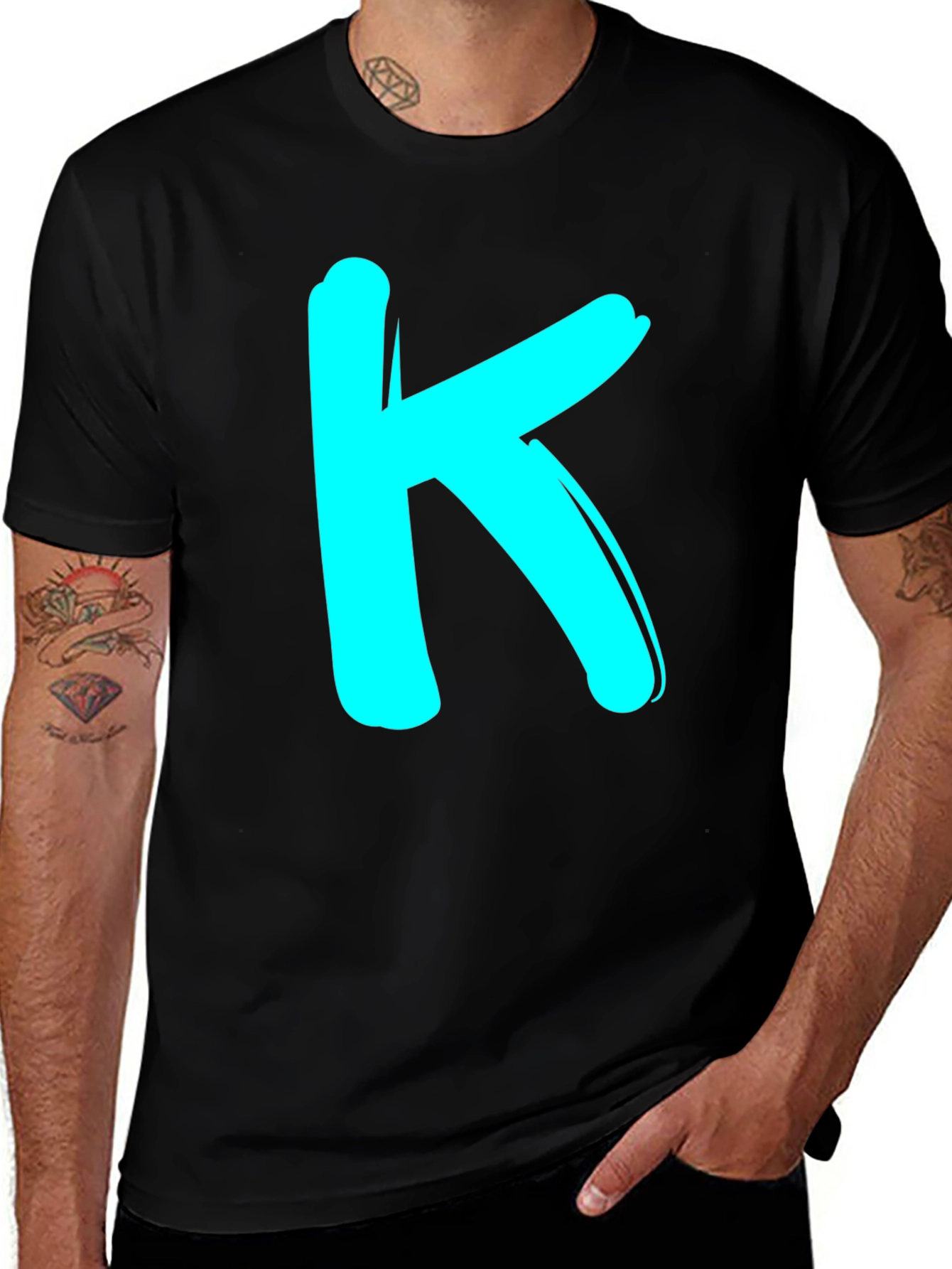 Initial K T-Shirt - Black Tee with Cyan Letter