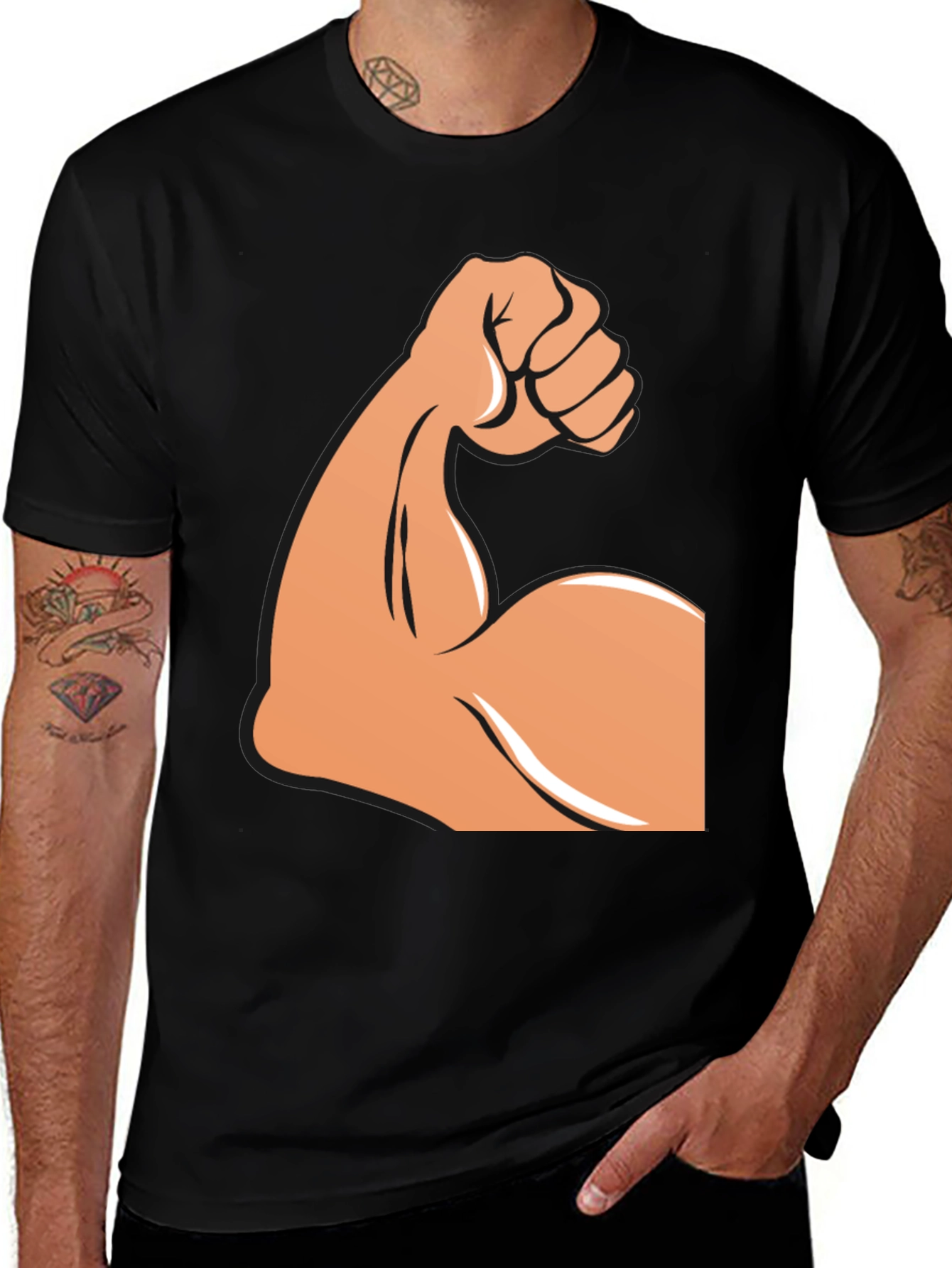 Variant 9 of Muscle Arm Graphic T-Shirt - Black Cotton Tee