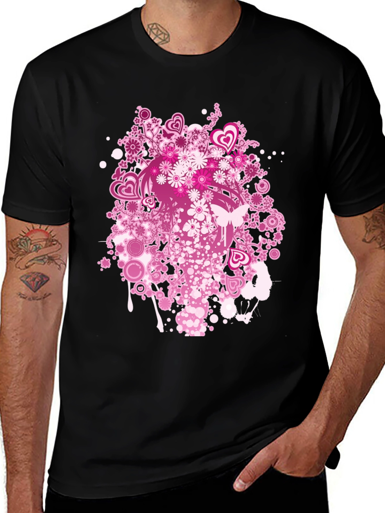 Variant 21 of Floral Heart Print Black T-Shirt