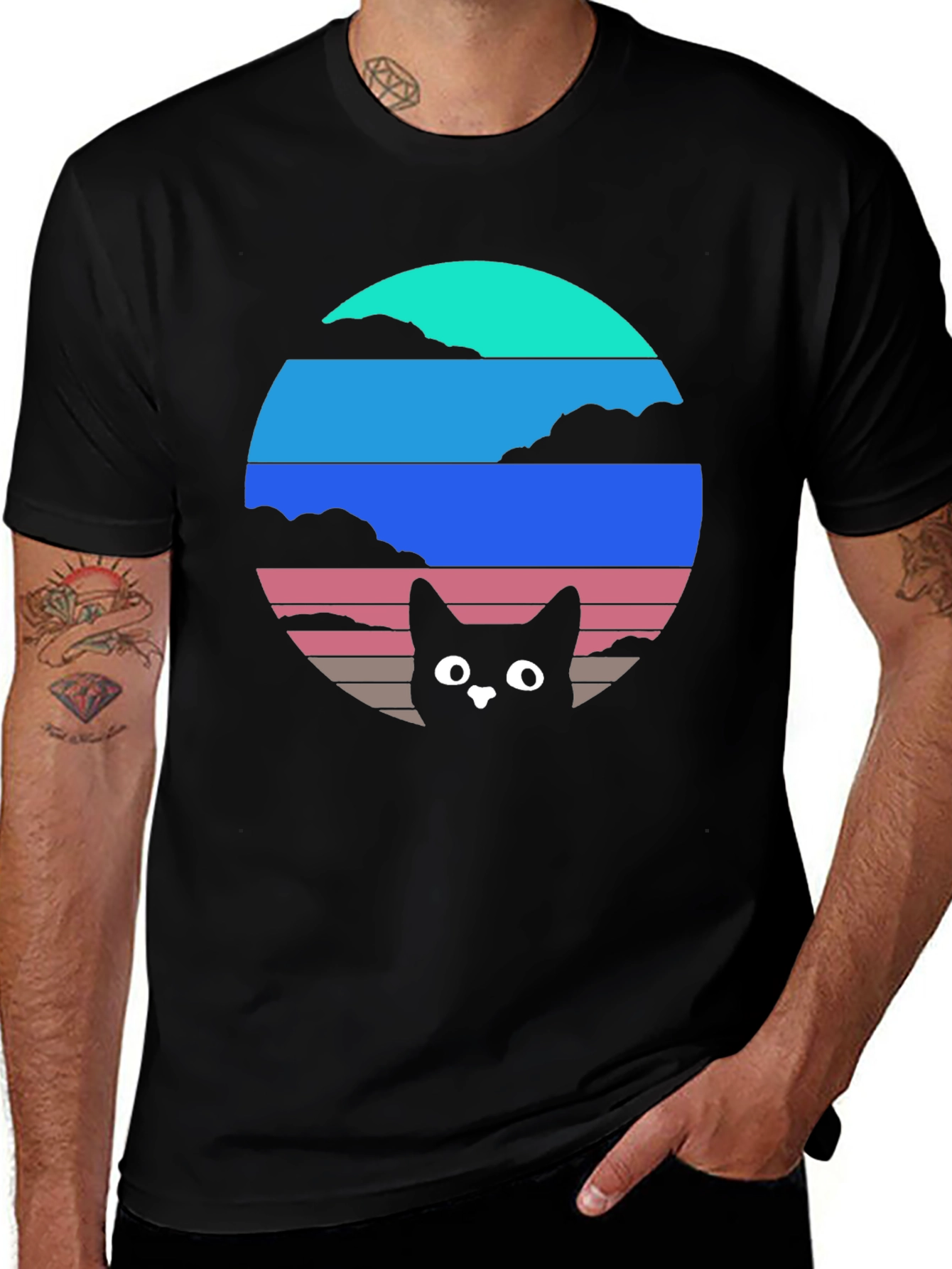 Variant 11 of Retro Sunset Cat T-Shirt - Black