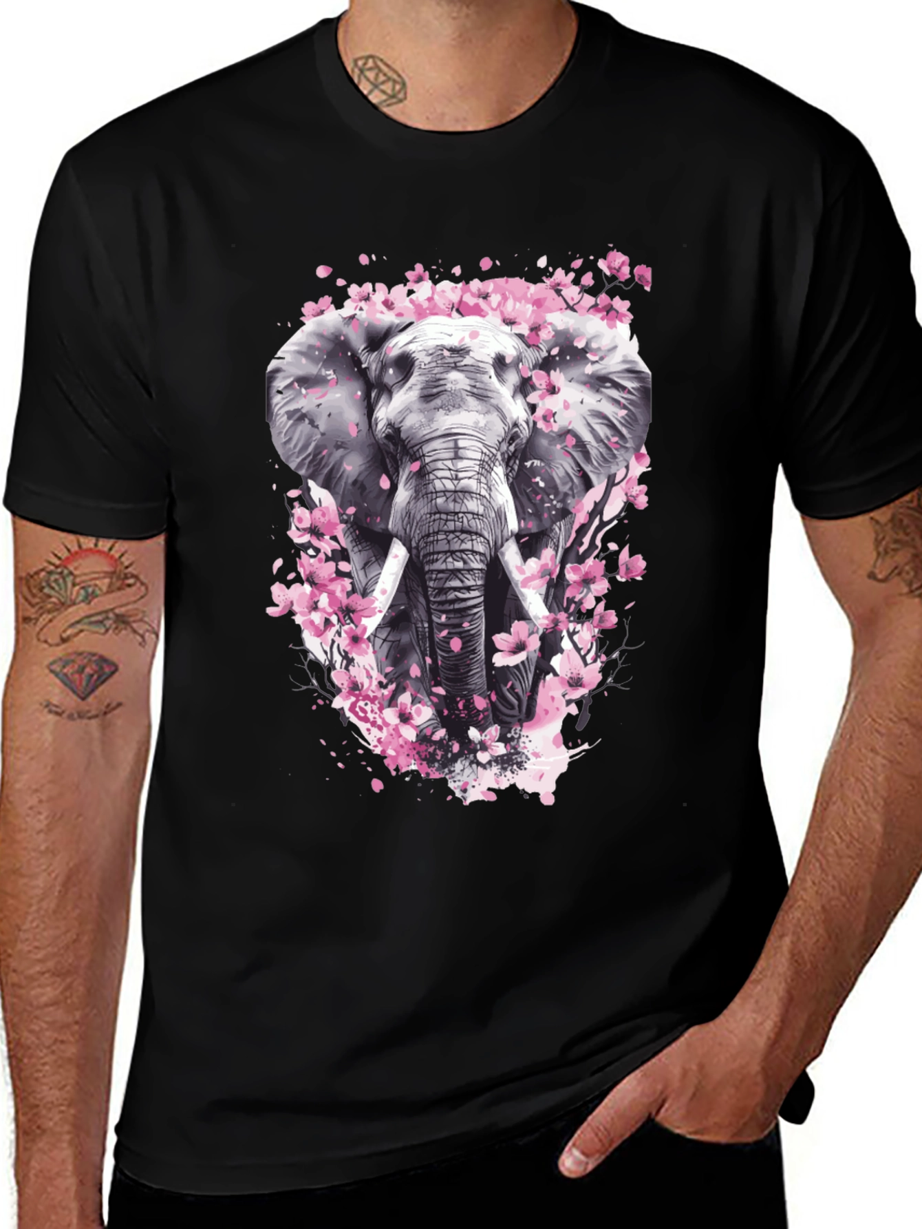 Variant 5 of Elephant Blossom Graphic Tee - Black Cotton Blend