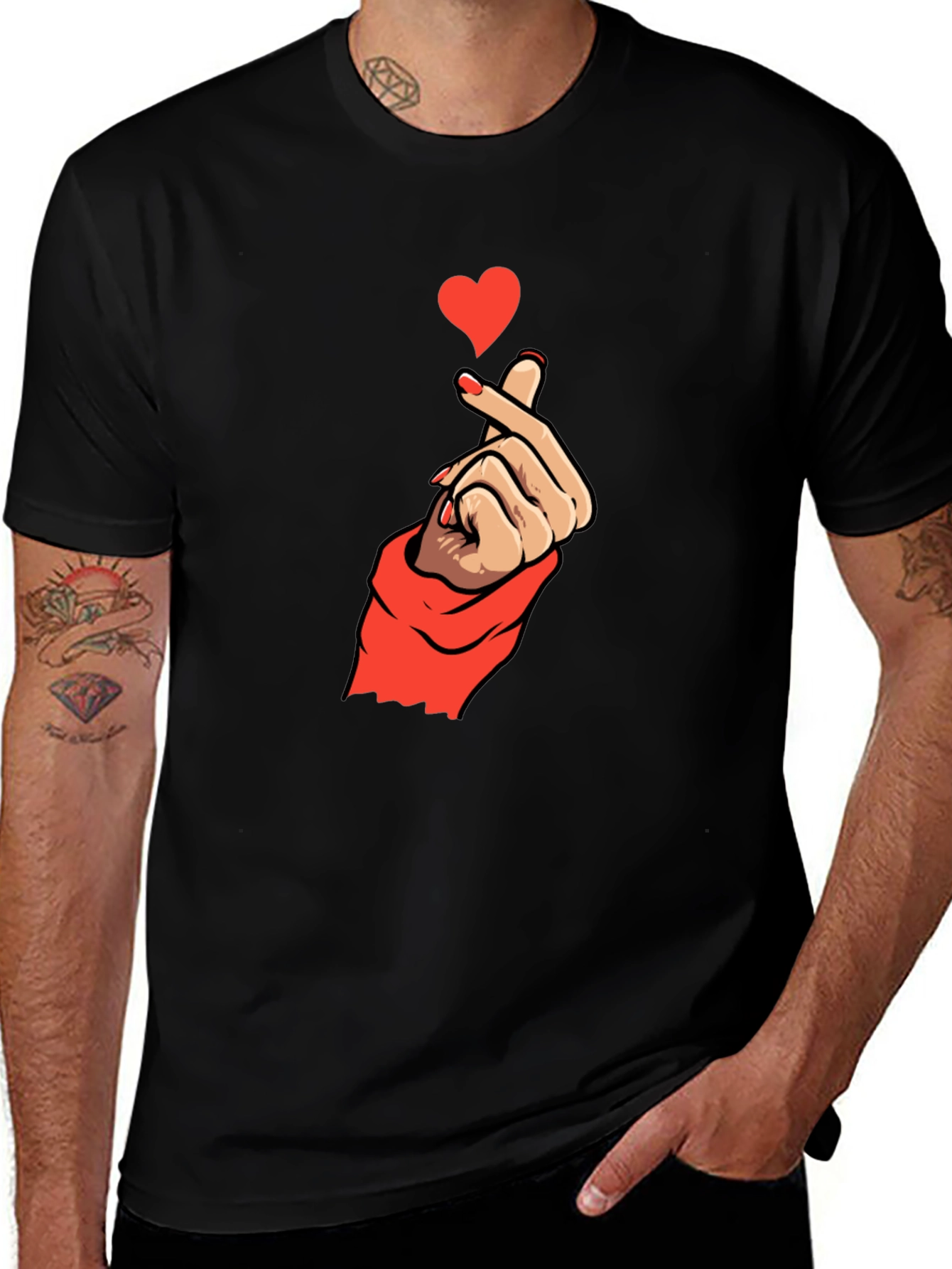 Variant 18 of Heart Finger Gesture Graphic Tee - Trendy Black T-Shirt