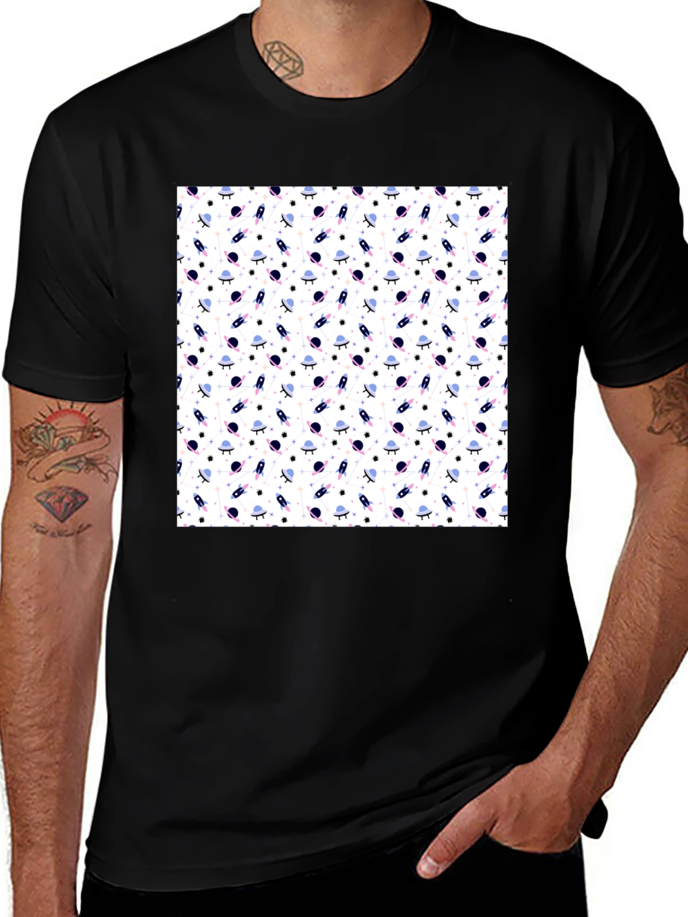 Variant 27 of Space Print Black T-Shirt - Rocket & UFO Pattern