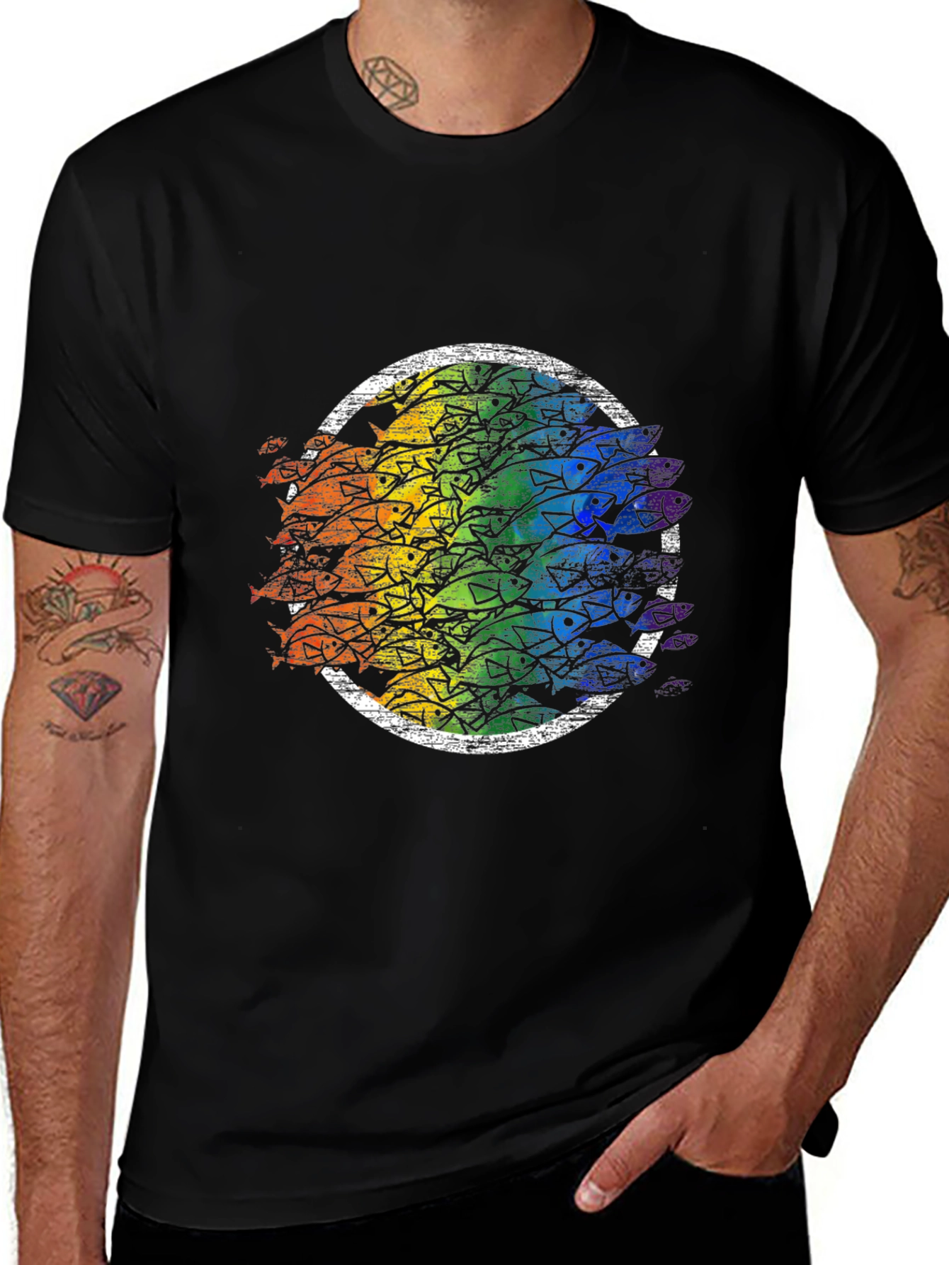Variant 9 of Rainbow Fish Circle Black Tee
