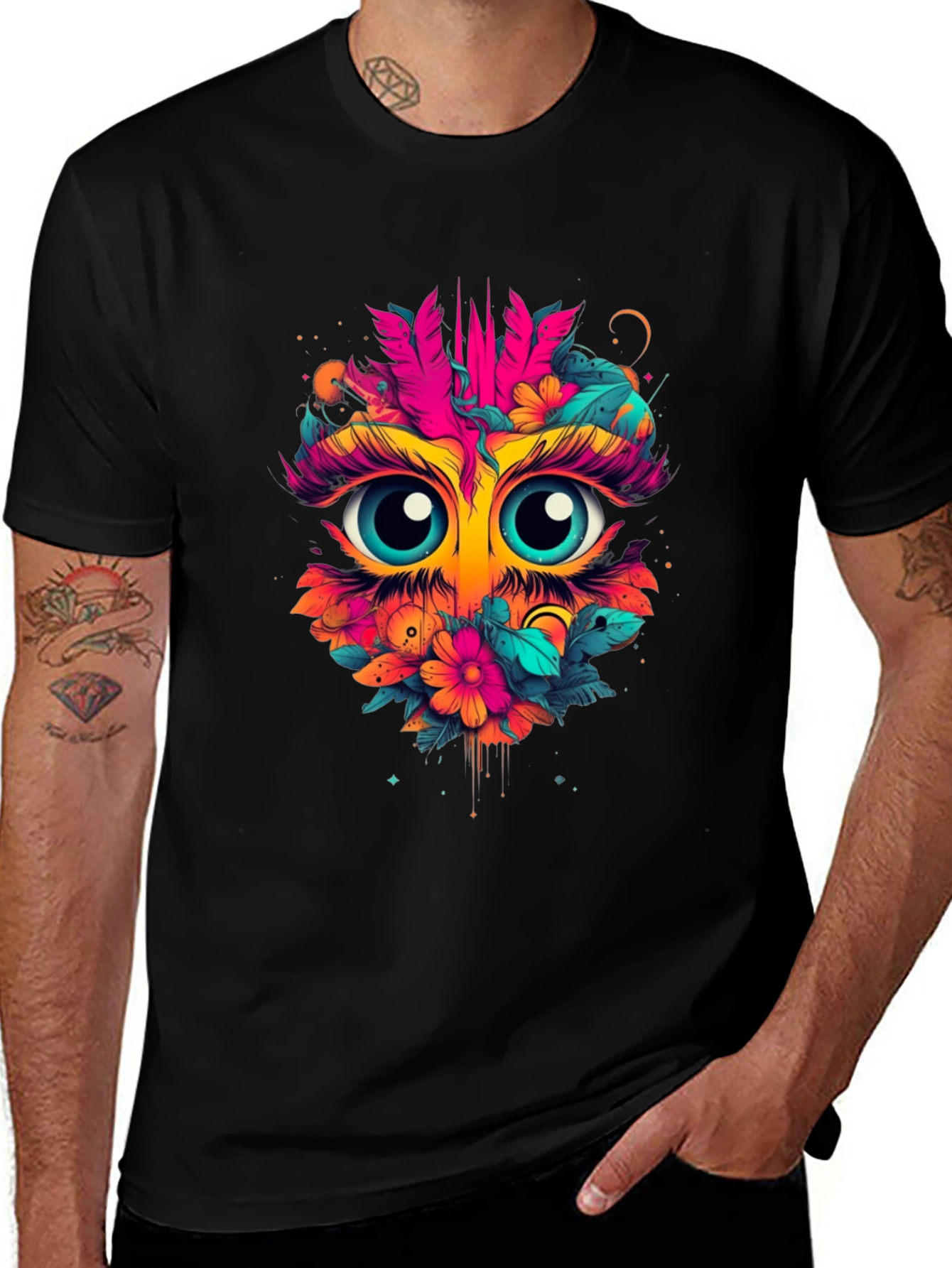 Variant 18 of Eye-Catching Floral Owl Graphic Tee - Black