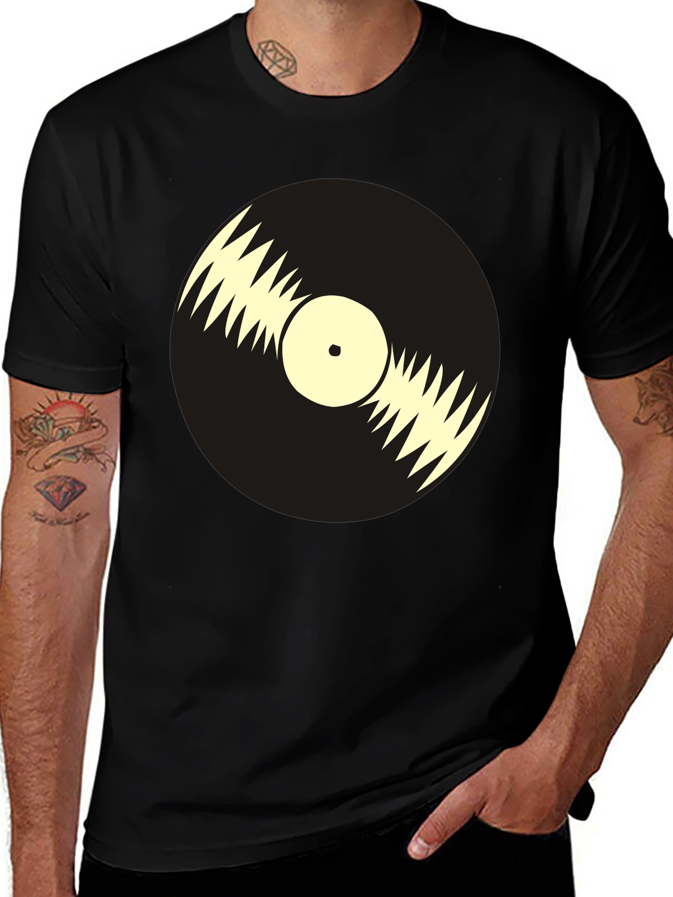 Retro Vinyl Record Graphic Tee - Black Cotton T-Shirt