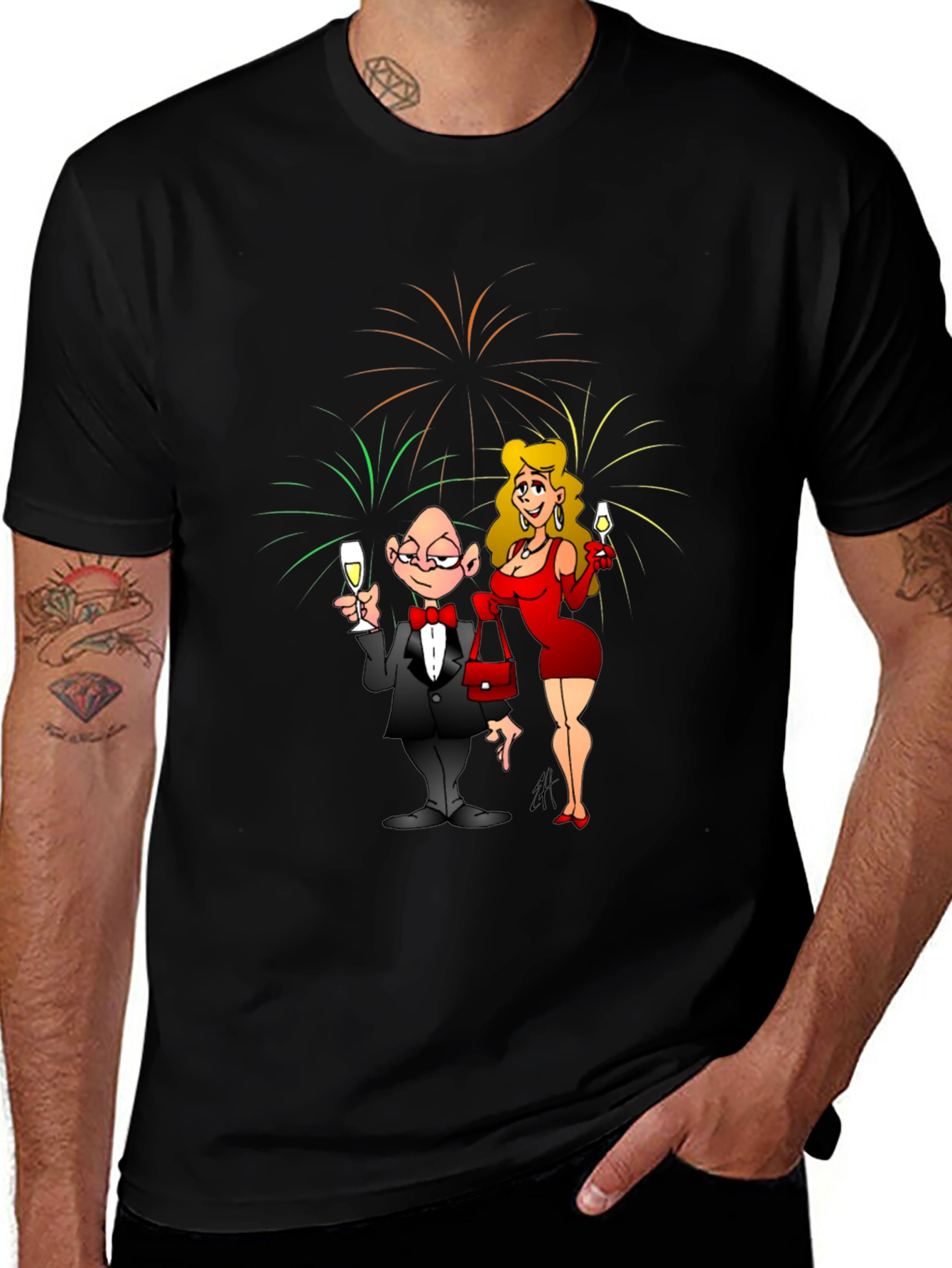 Variant 23 of Novelty Cartoon Couple Fireworks Graphic T-Shirt