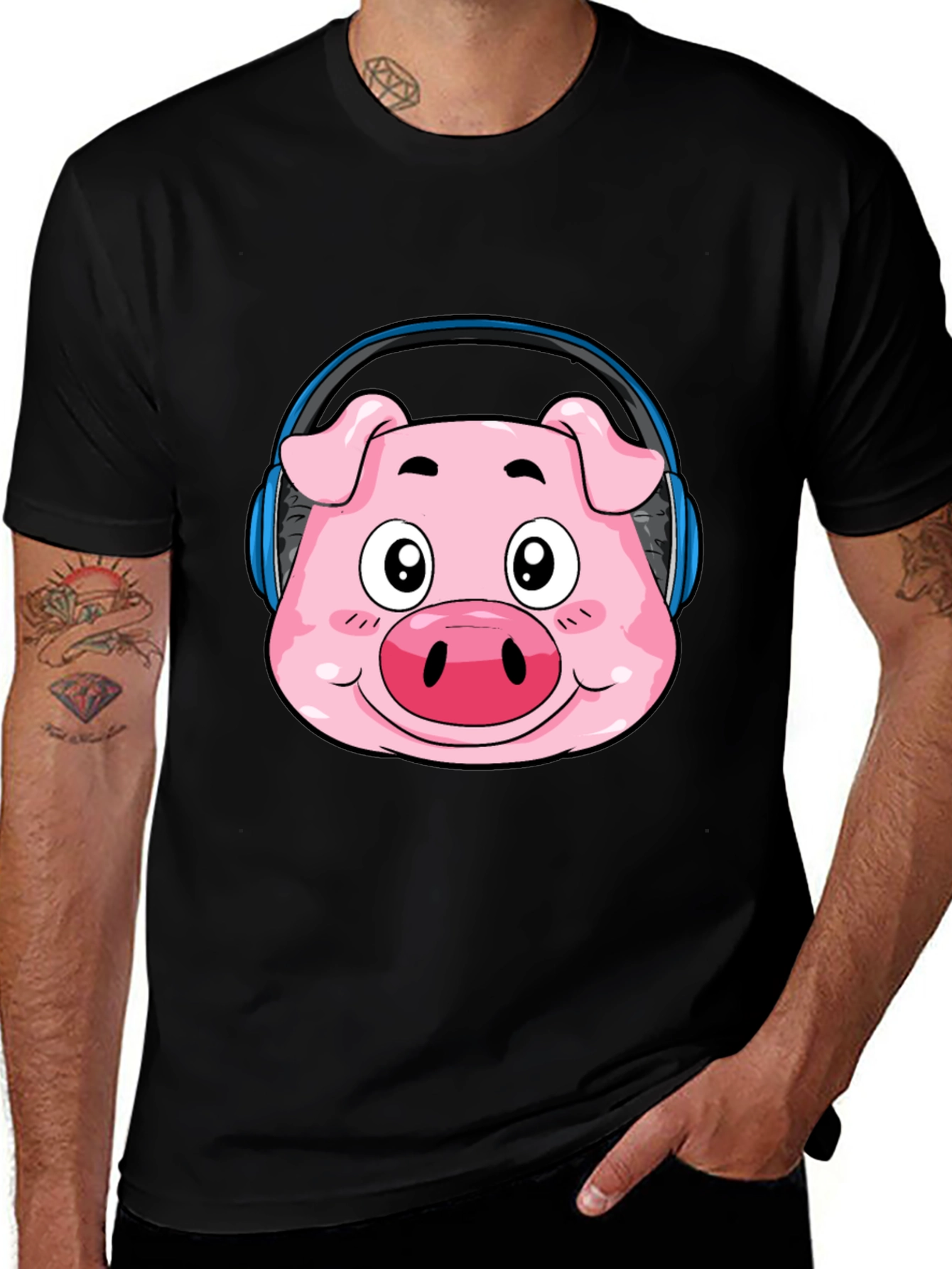 Black Pig Headphone T-Shirt - Funny Cartoon Animal Tee main image