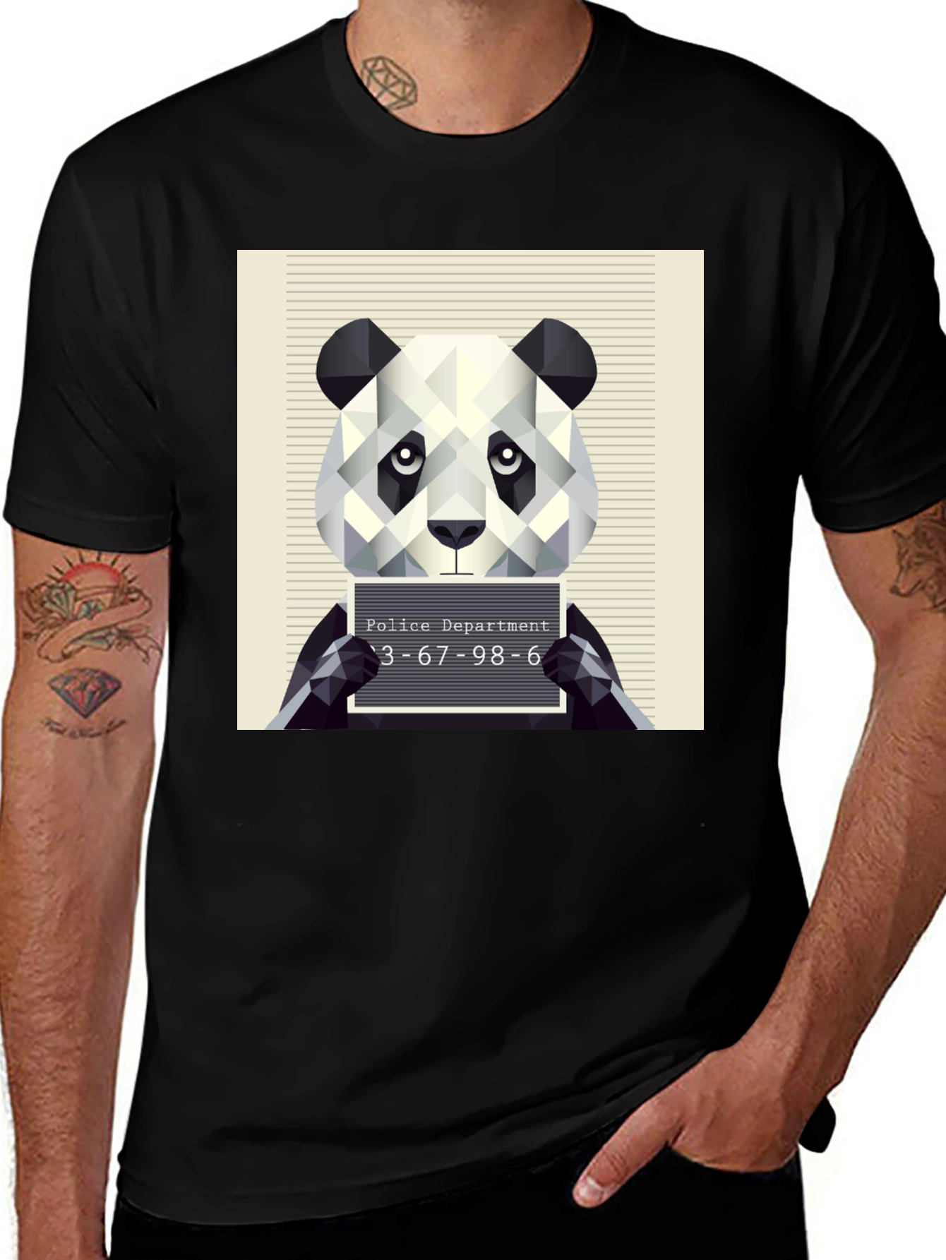 Variant 22 of Panda Police Mugshot Graphic Tee - Black Cotton Blend T-Shirt