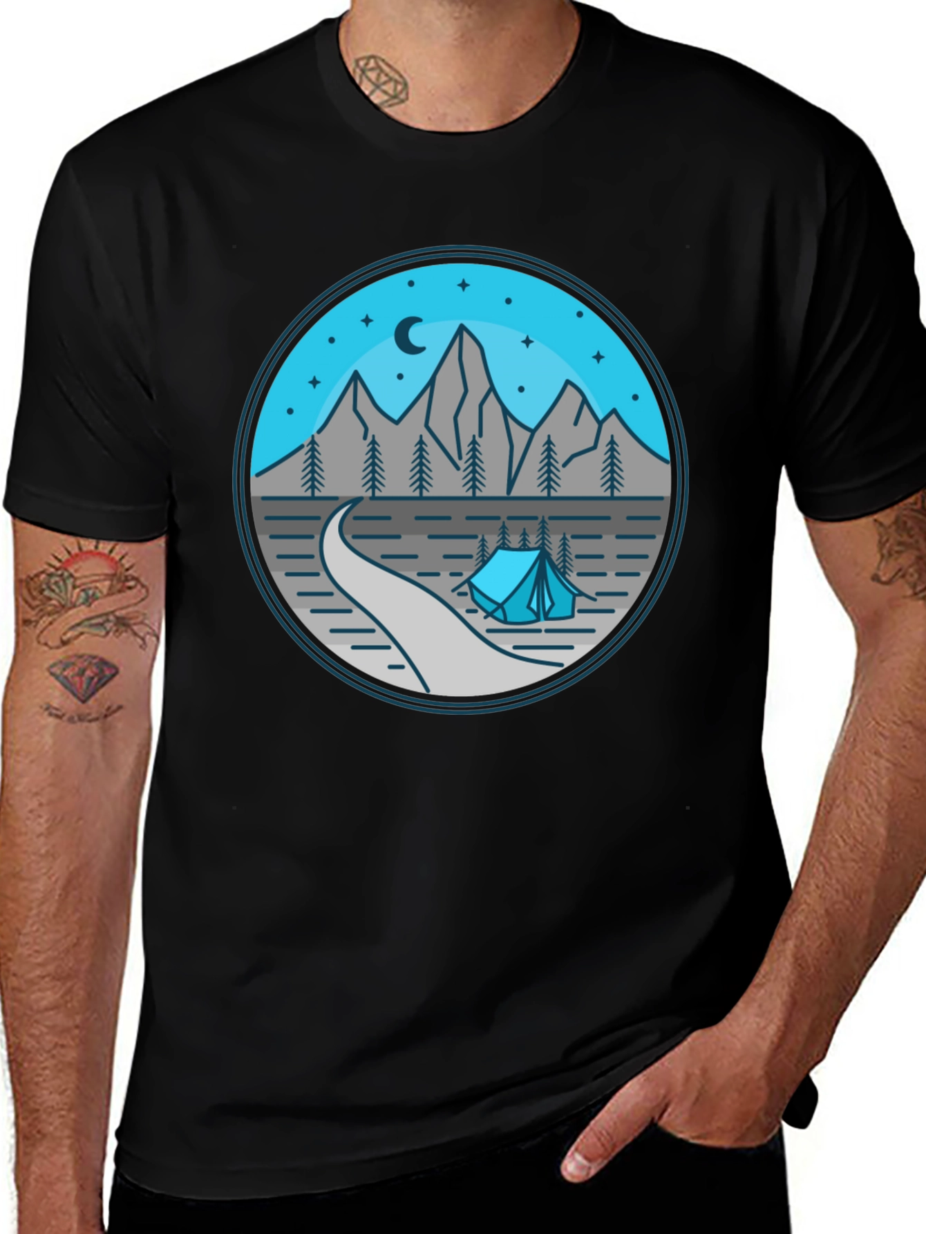 Variant 25 of Mountain Camping Graphic Tee - Black Cotton Shirt