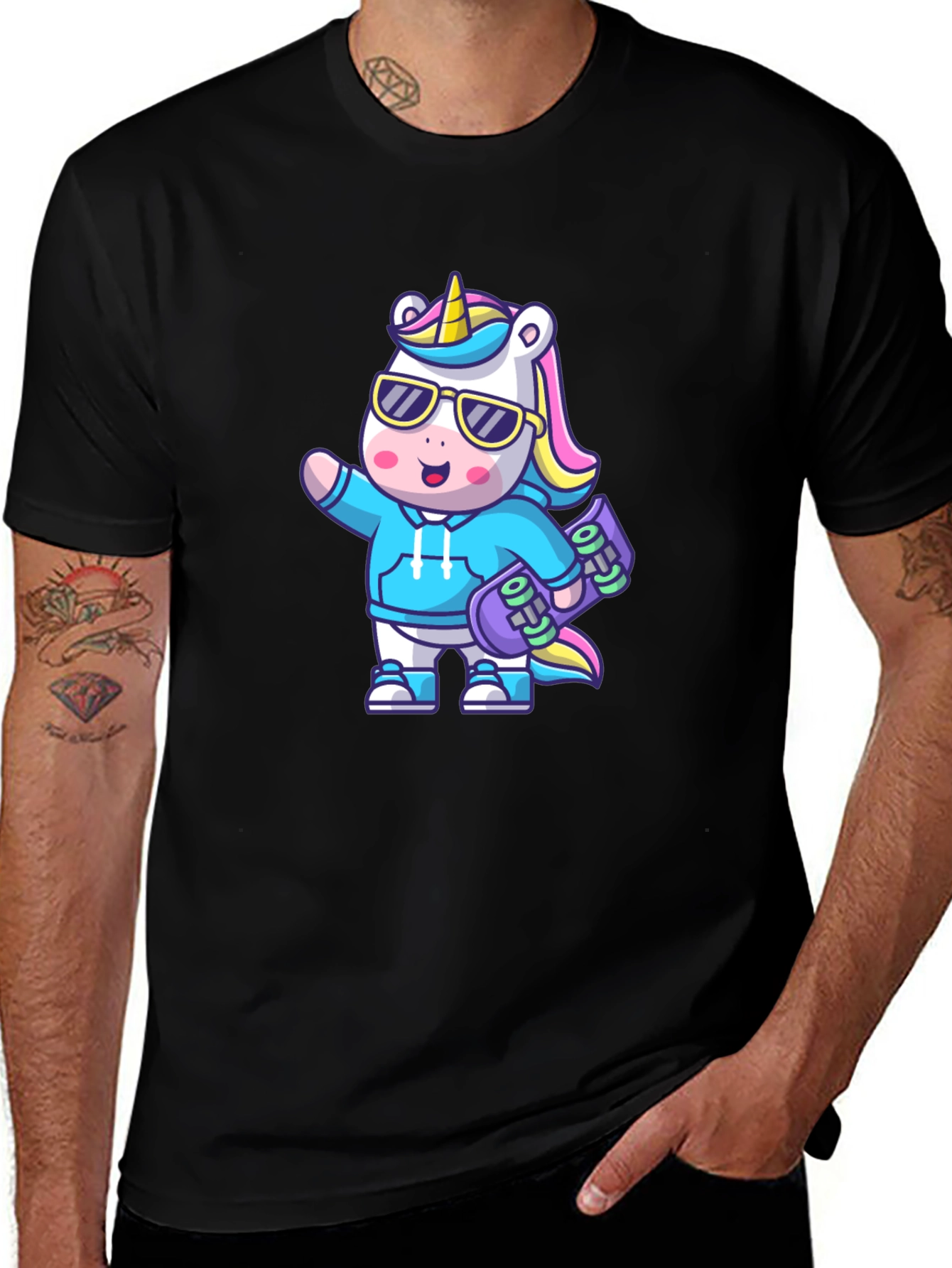 Black Cool Unicorn Skateboard T-Shirt main image