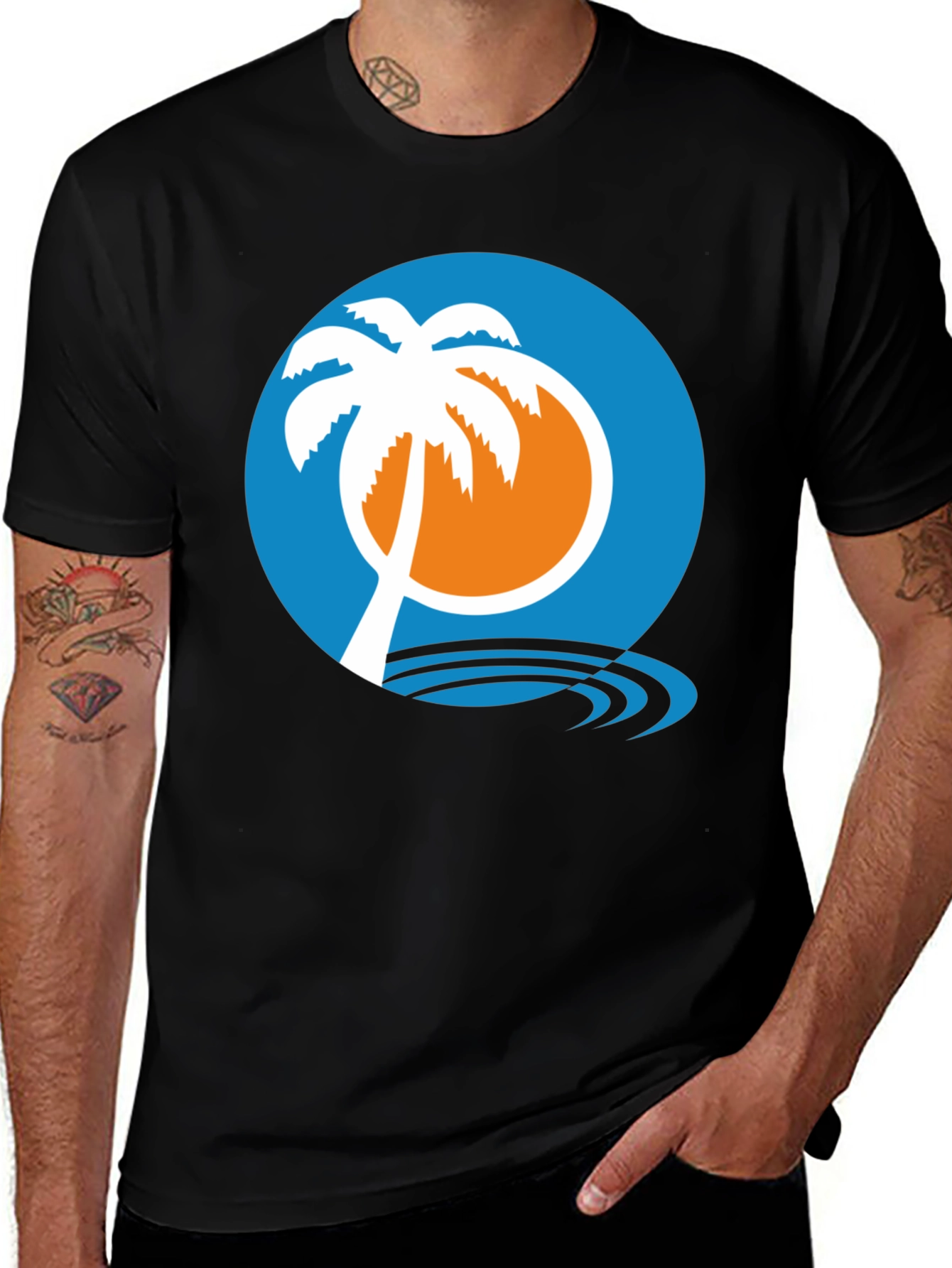 Variant 23 of Tropical Palm Tree Graphic Tee - Black Cotton Shirt