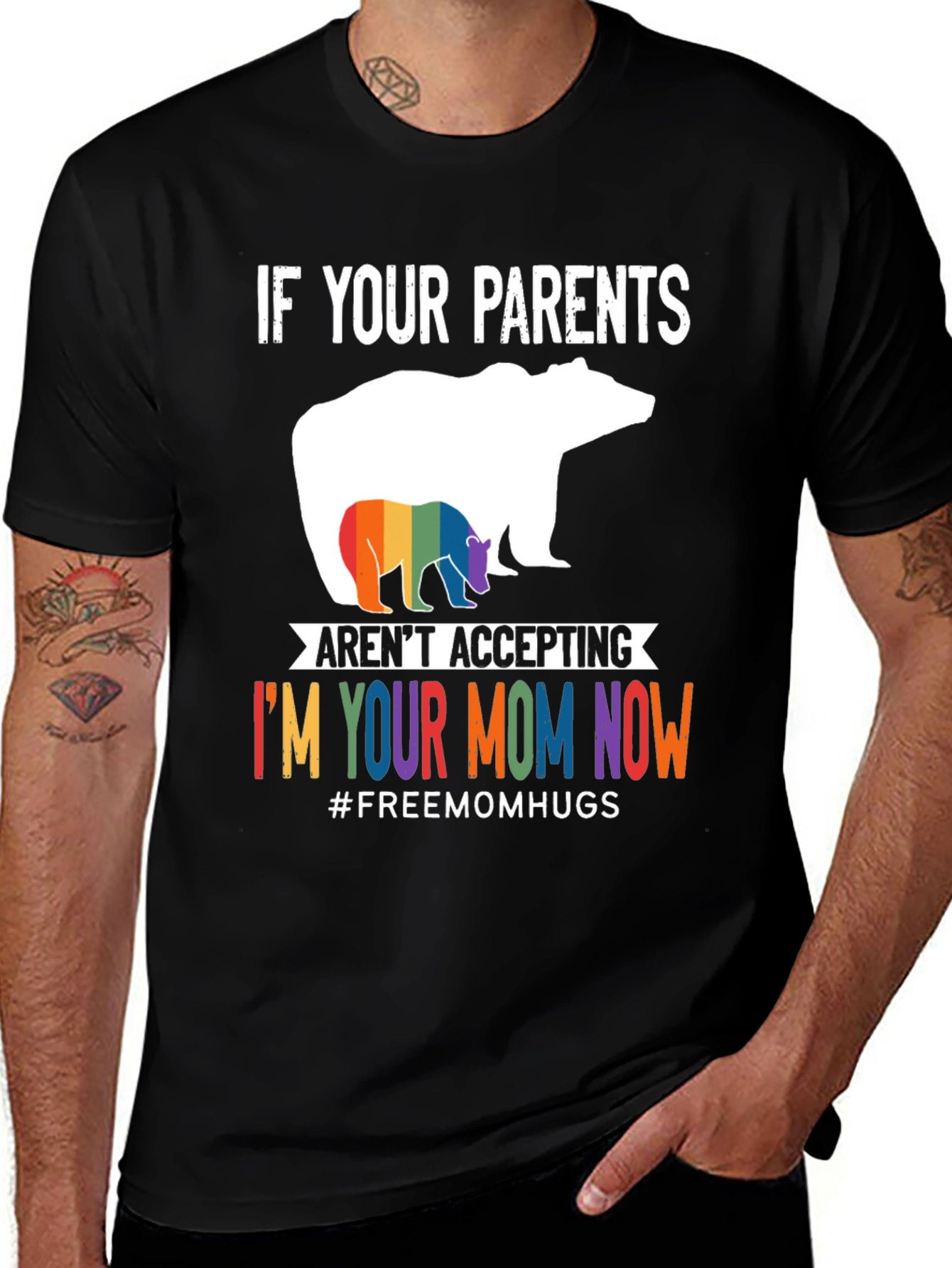 LGBTQ Pride Bear Mom Graphic Tee - Free Mom Hugs!