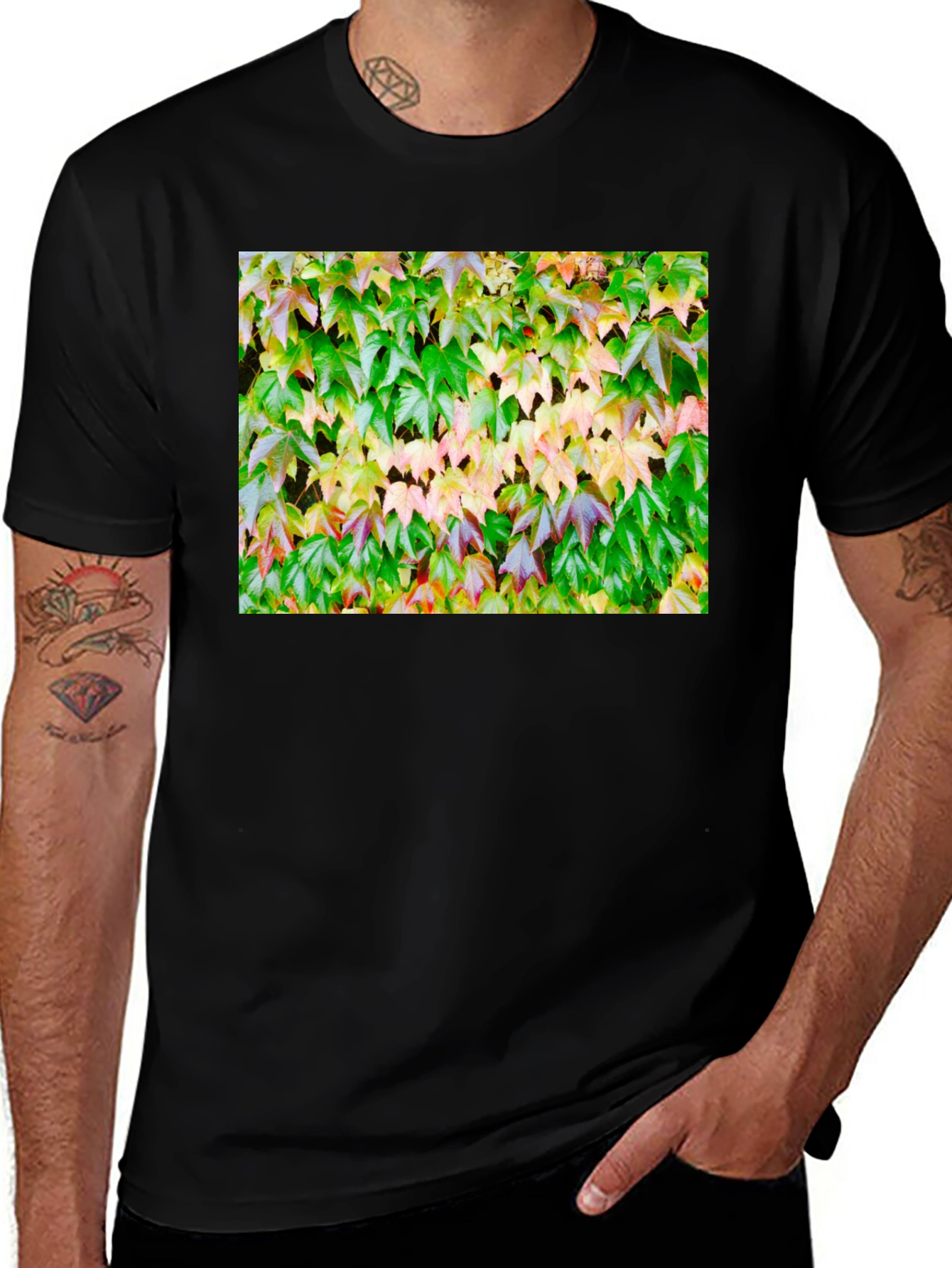 Variant 20 of Leaf Print Black Cotton T-Shirt