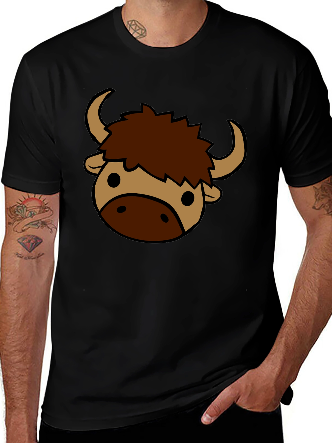 Variant 13 of Cartoon Yak Graphic Tee - Black Cotton T-Shirt