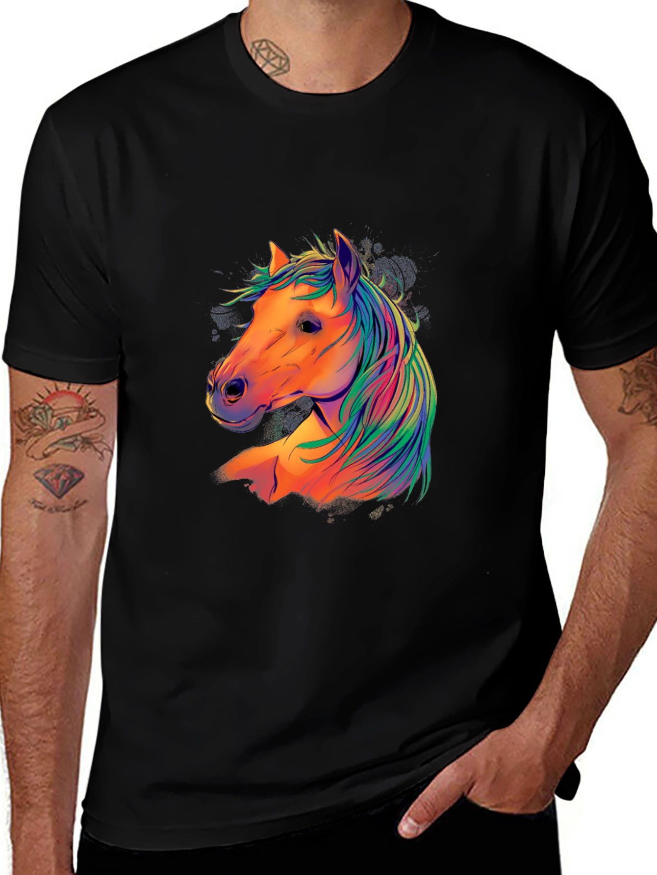 Variant 29 of Colorful Horse Graphic Tee - Men's Black T-Shirt