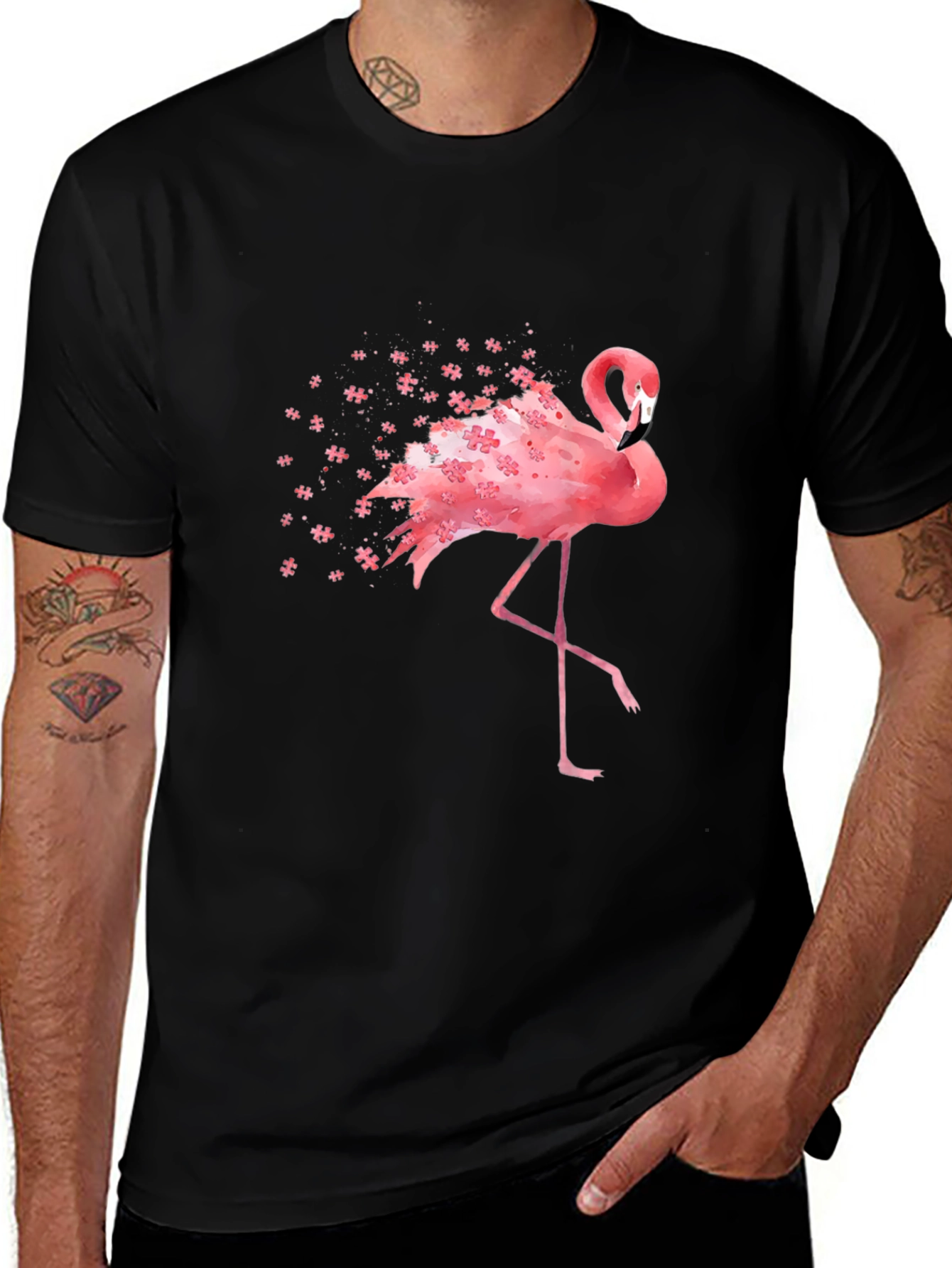 Variant 4 of Flamingo Watercolor Graphic Tee - Black Cotton Casual T-Shirt