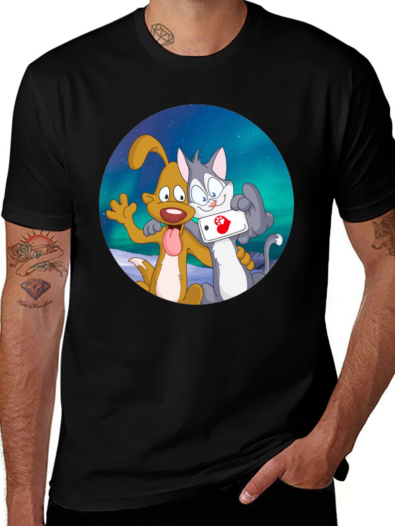Variant 29 of Cartoon Dog and Cat Selfie Black T-Shirt