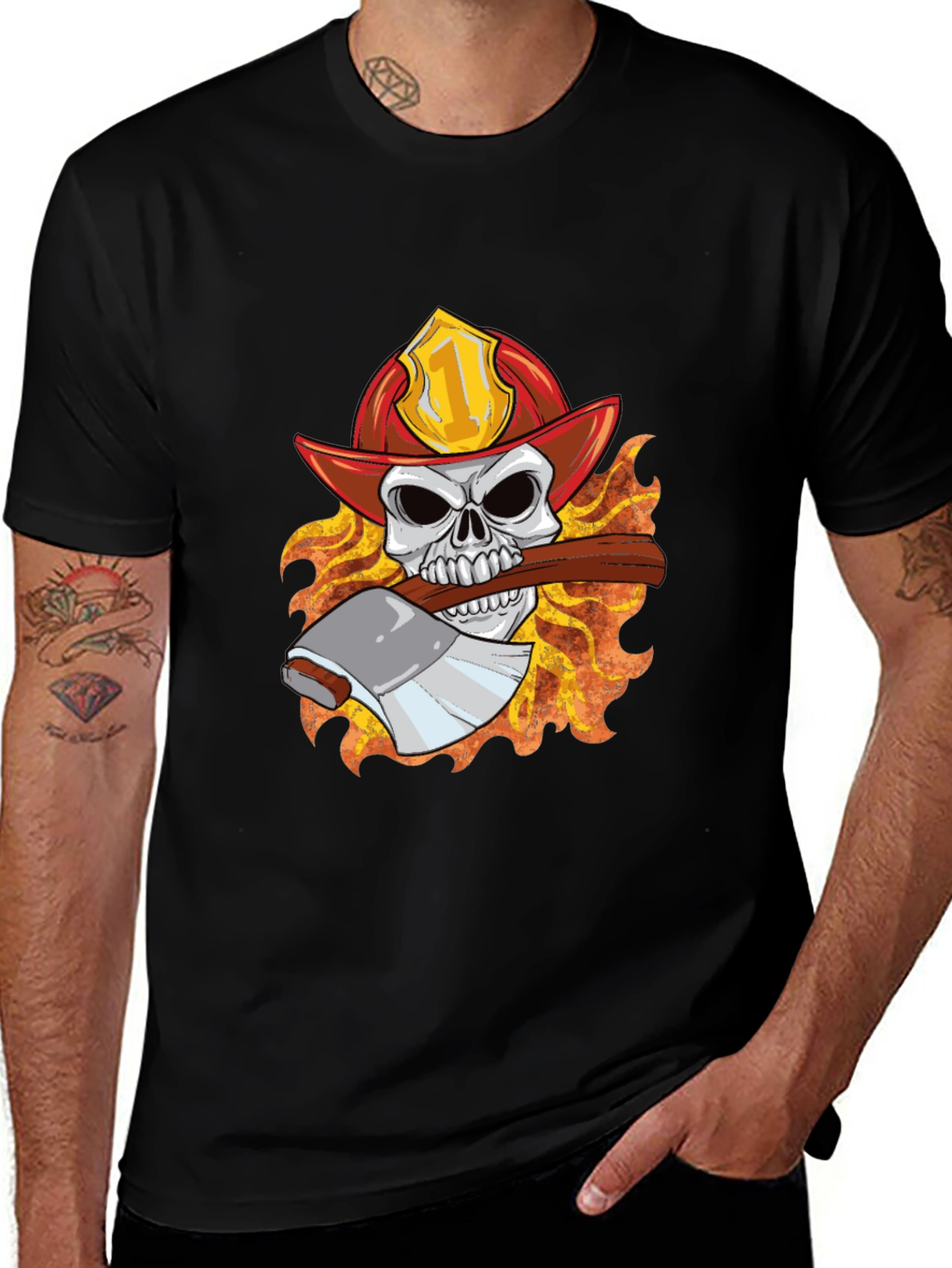Variant 13 of Firefighter Skull Graphic Tee - Bold Black T-Shirt