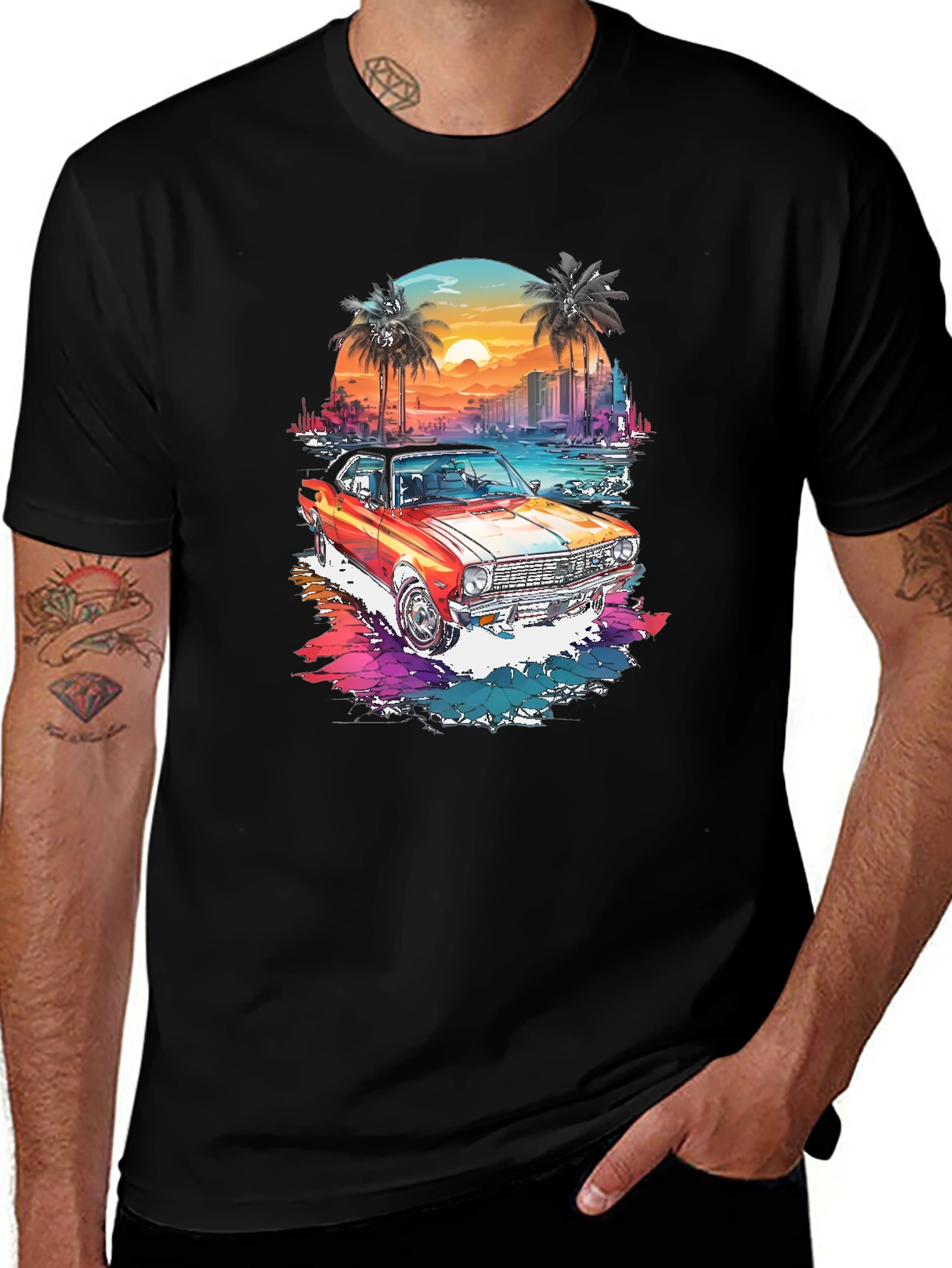 Variant 15 of Retro Car Graphic Tee - Sunset Beach Design