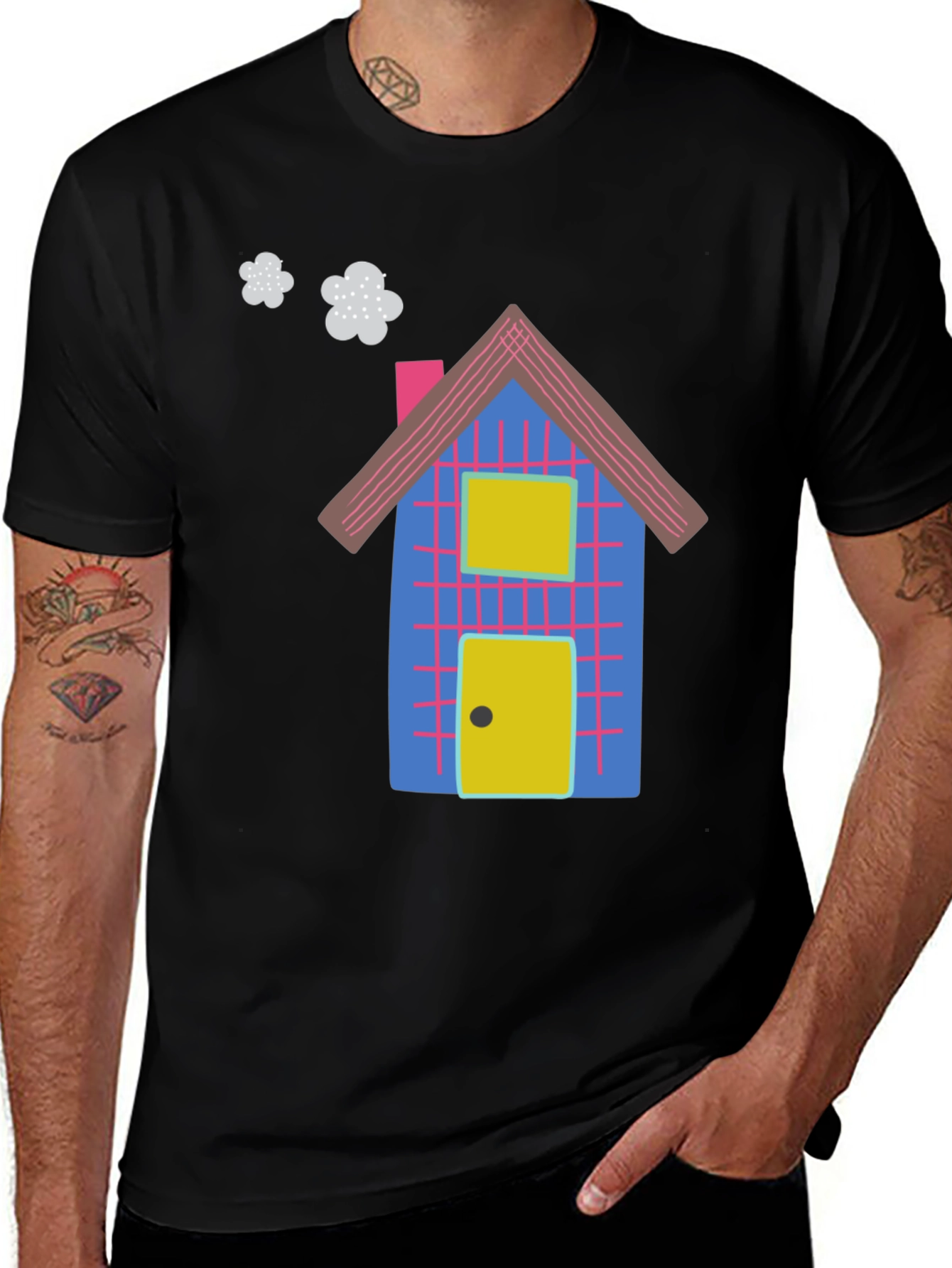 Variant 3 of Fun Cartoon House Graphic Black T-Shirt