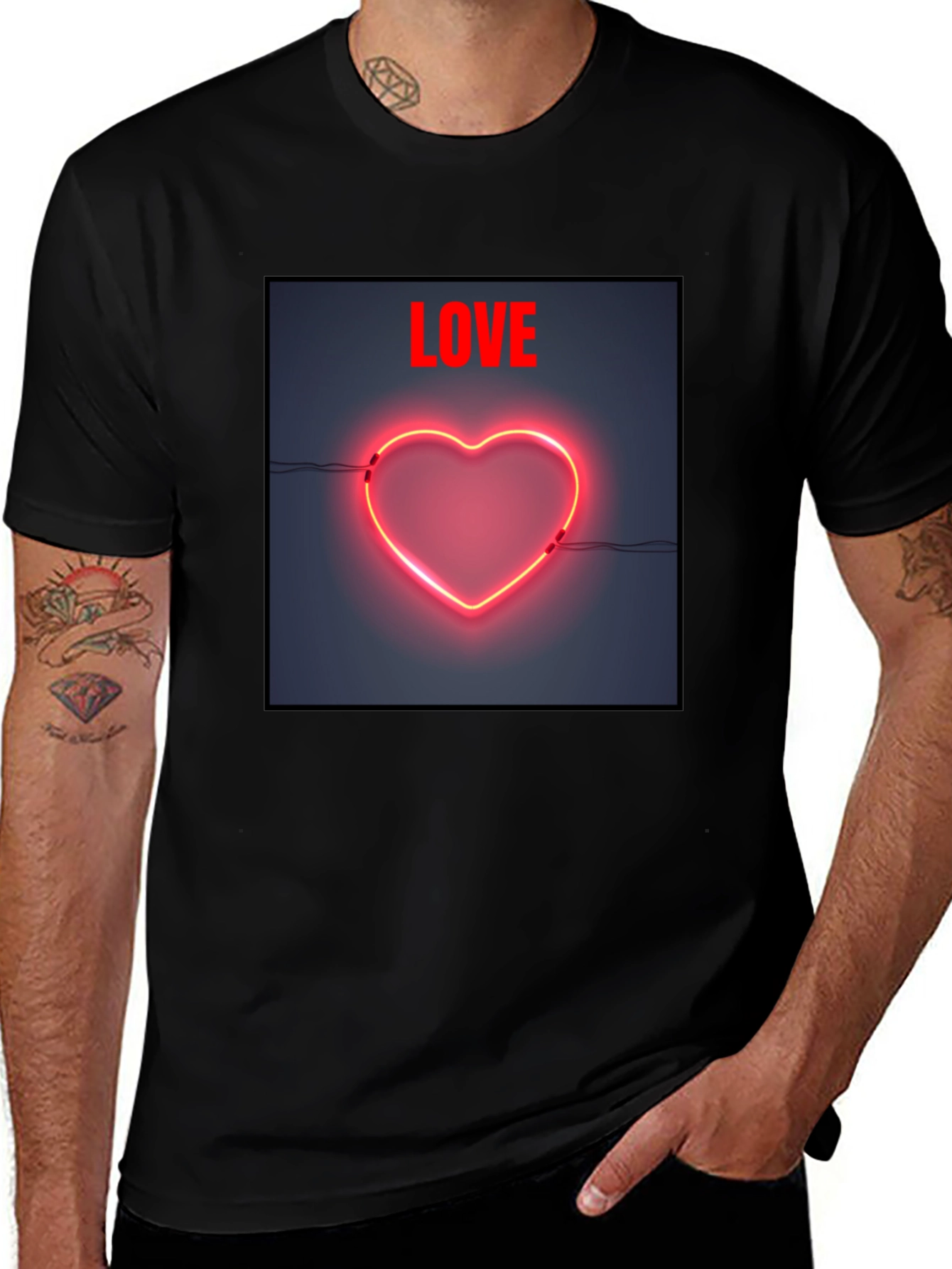 Variant 5 of Neon Heart Love Graphic Tee - Black Cotton Casual