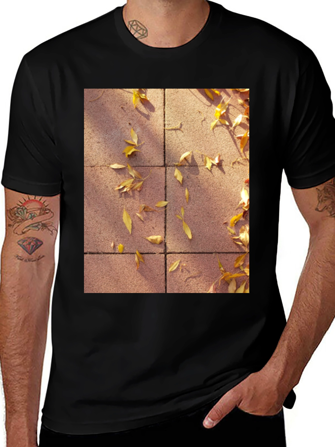 Autumn Leaves on Pavement Black T-Shirt
