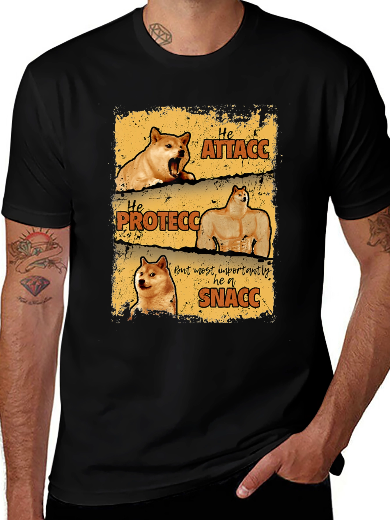 Variant 5 of He Protecc Attacc Snacc Doge Meme T-Shirt