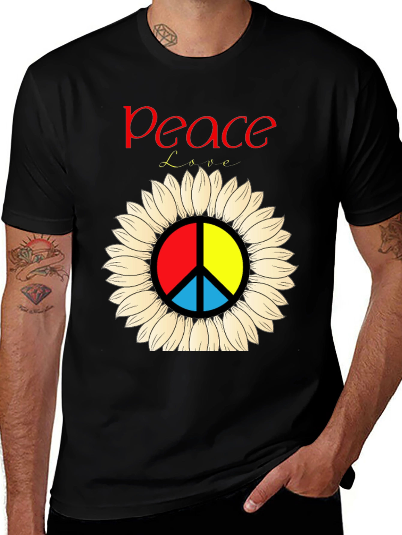 Variant 9 of Peace & Love Sunflower Graphic Tee - Black