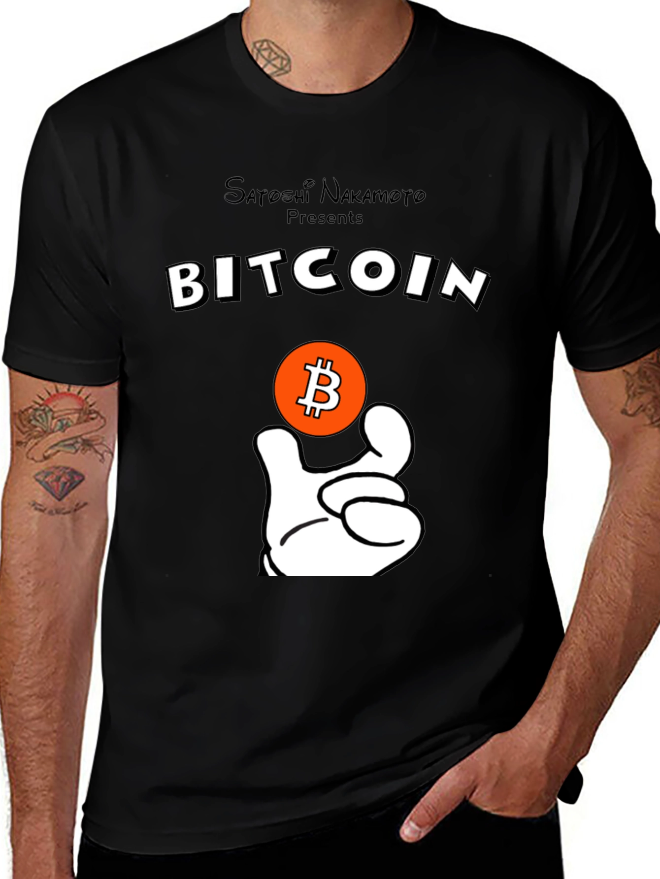 Bitcoin Satoshi T-Shirt Crypto Currency Cartoon Hand